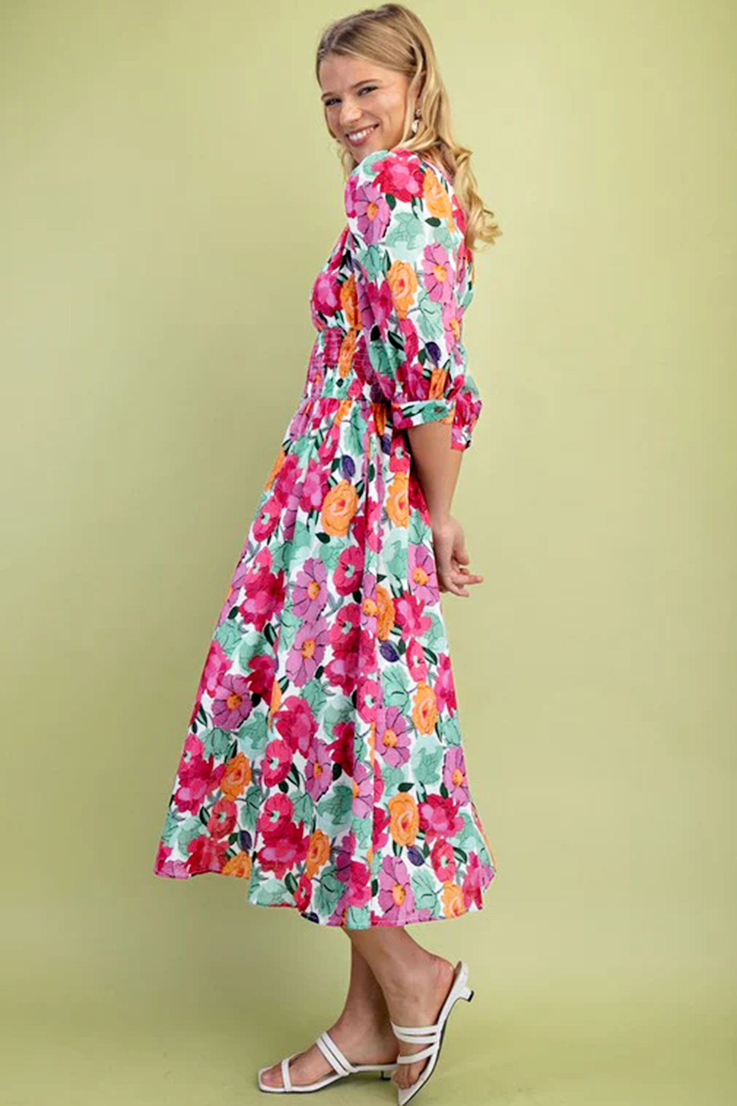 Rose Vibrant Floral Print V Neck Zip Up Puffy Half Sleeve Dress view 11