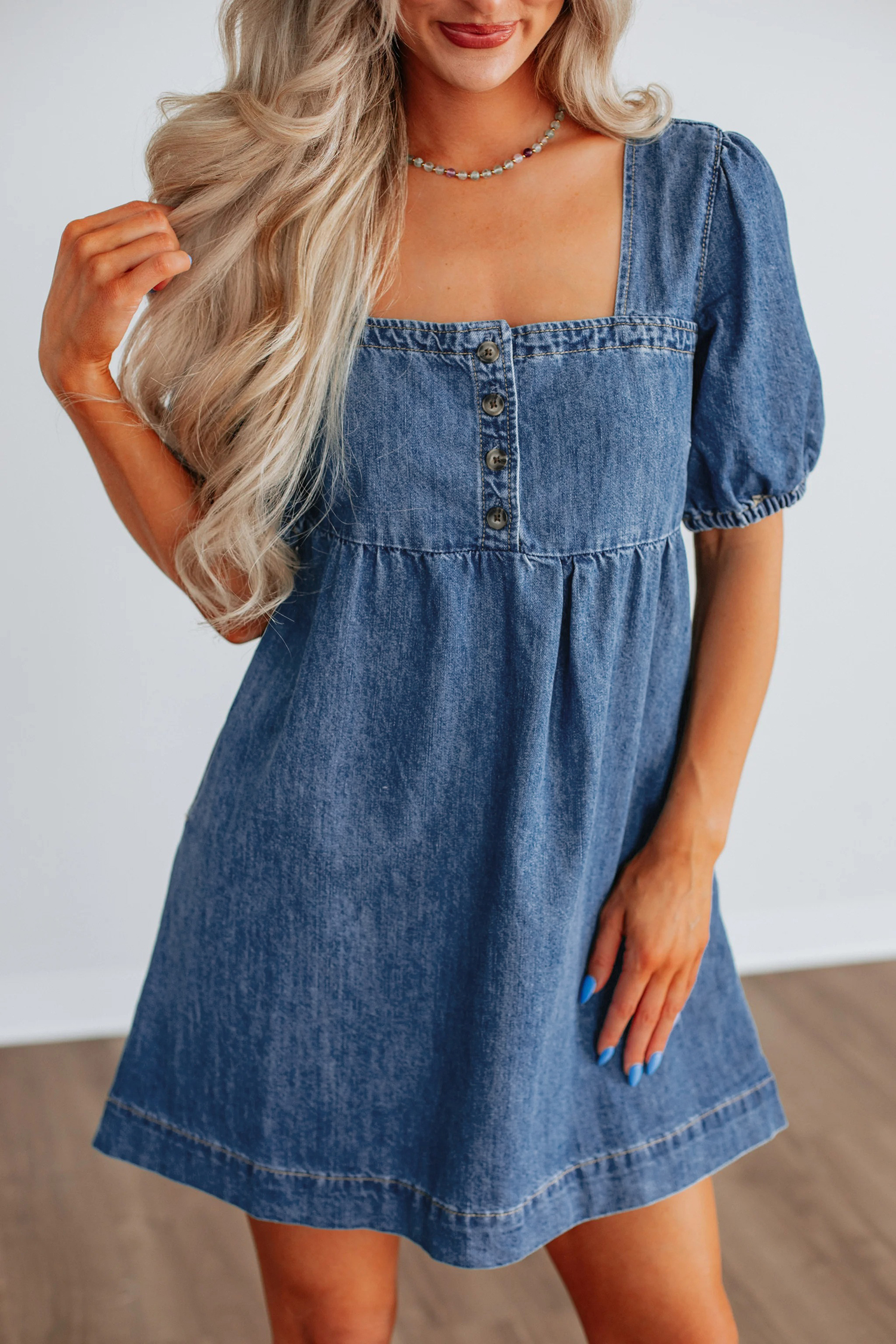 Prussian Blue Button Square Neck Short Puff Sleeve Denim Mini Dress view 6