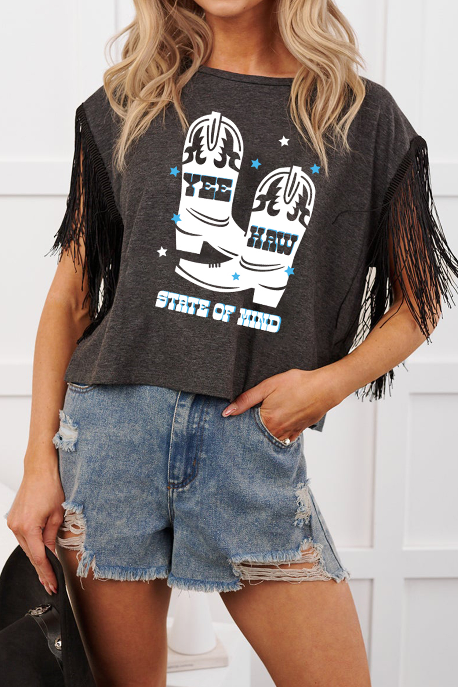 Carbon Grey YEE HAW Boots STATE OF MIND Fringed Sleeve Tee view 3