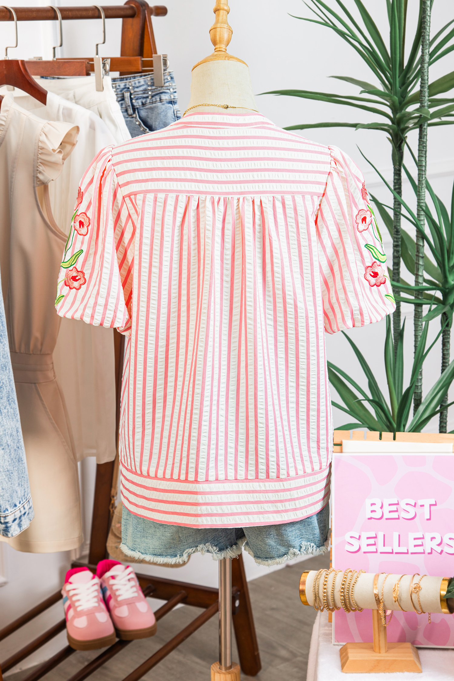 Pink Stripe Print Floral Embroidered Puff Sleeve V Neck Blouse view 6