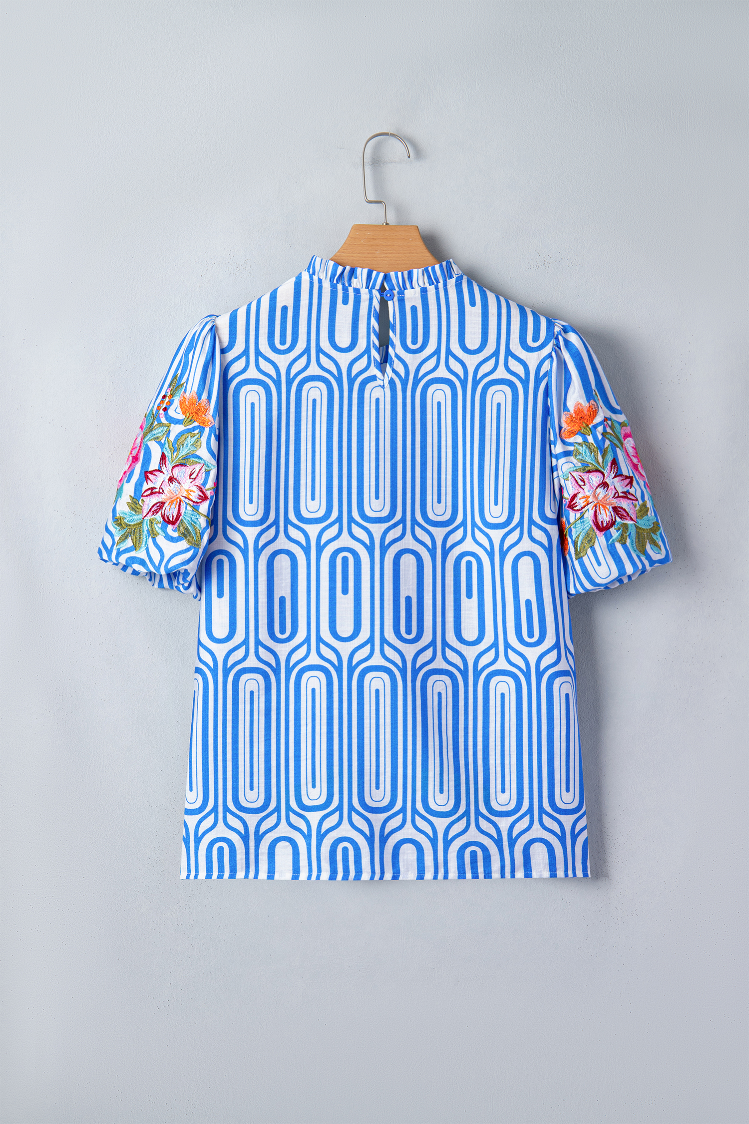 Sky Blue Unique Geometry Print Floral Embroidered Puff Sleeve Blouse view 17