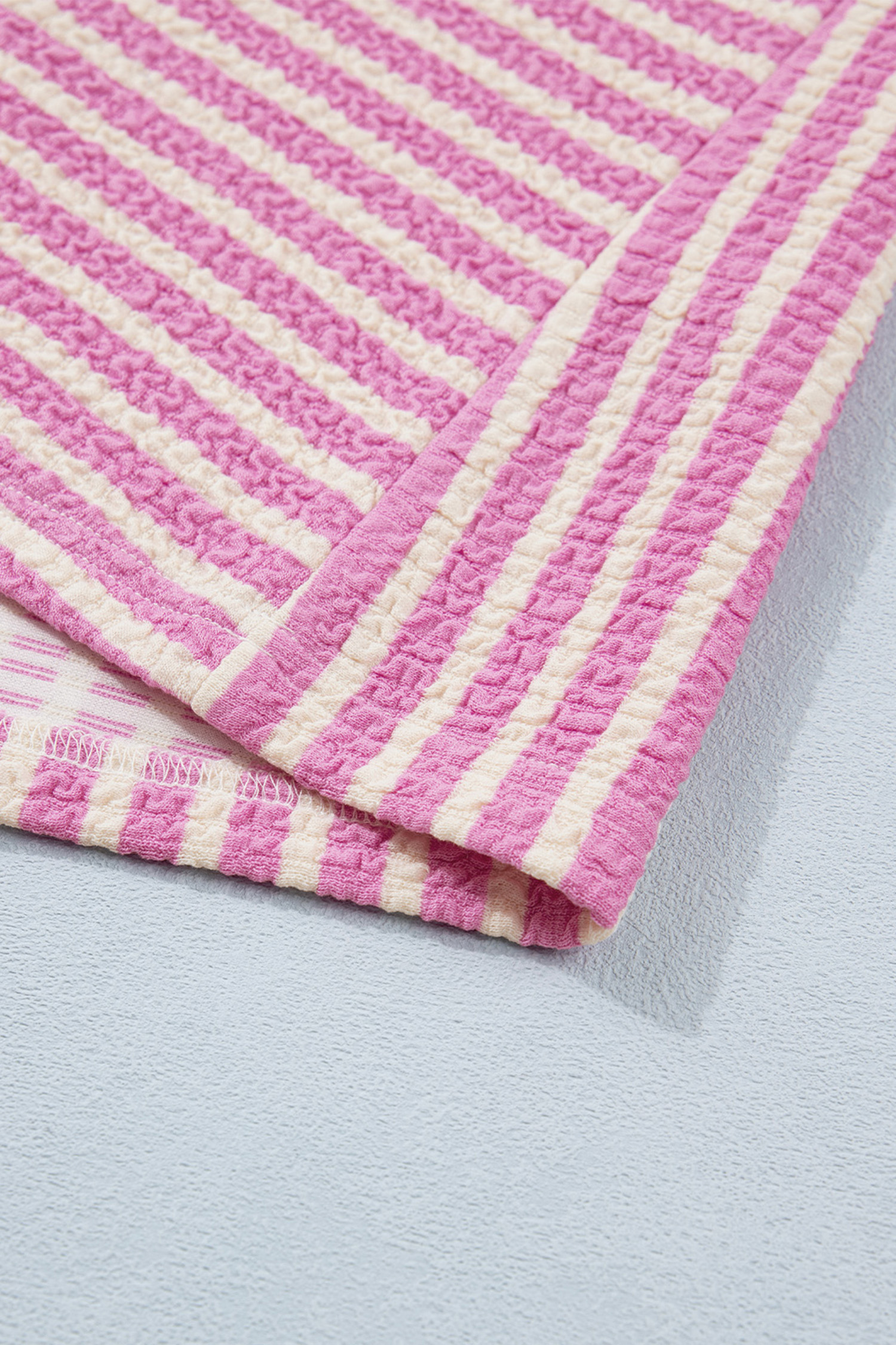 Pink Stripe Textured Contrast Trim Casual Tank and Shorts Set view 13