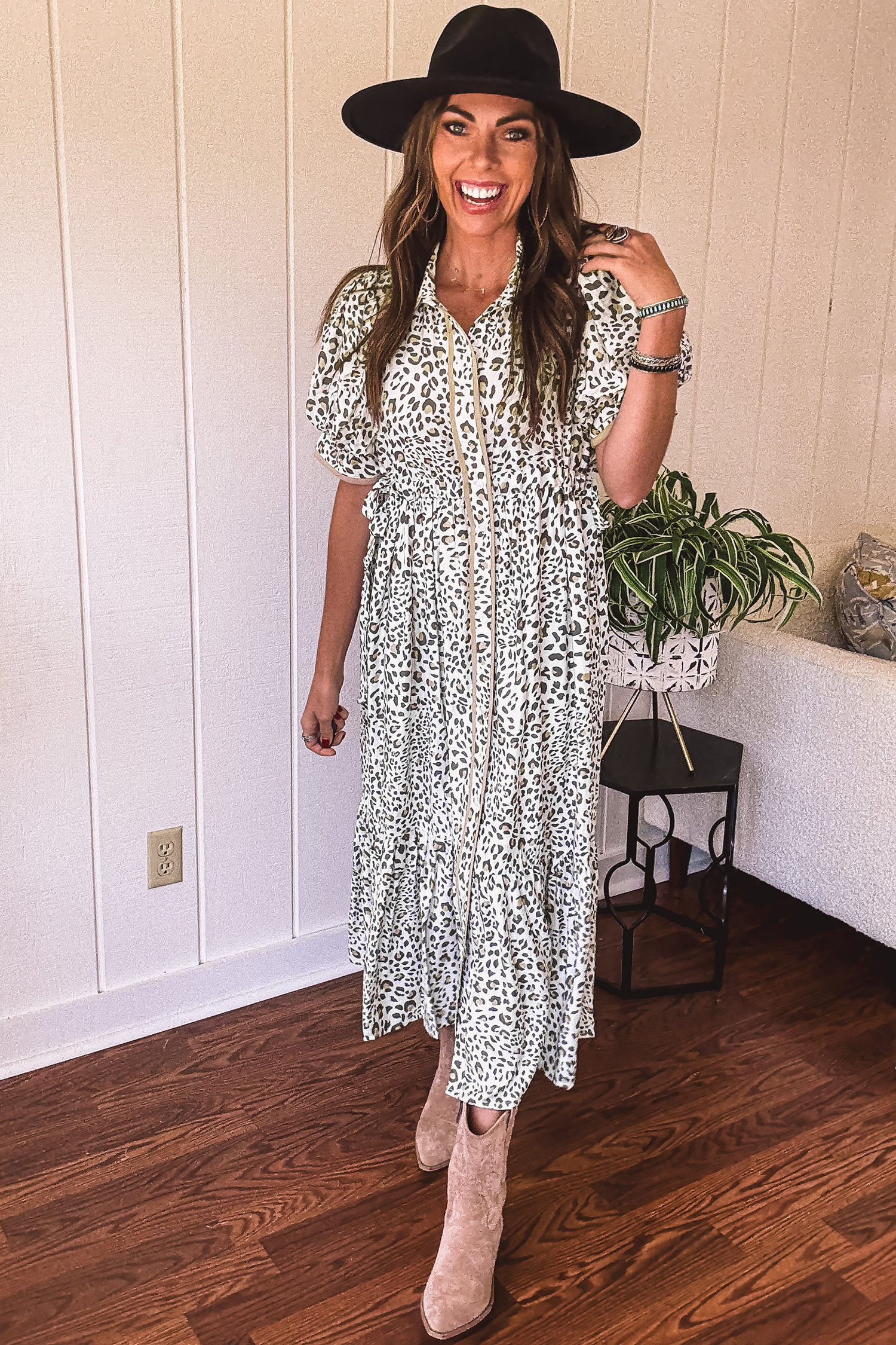White Leopard Contrast Trim Button Front Short Puff Sleeve Long Dress view 10