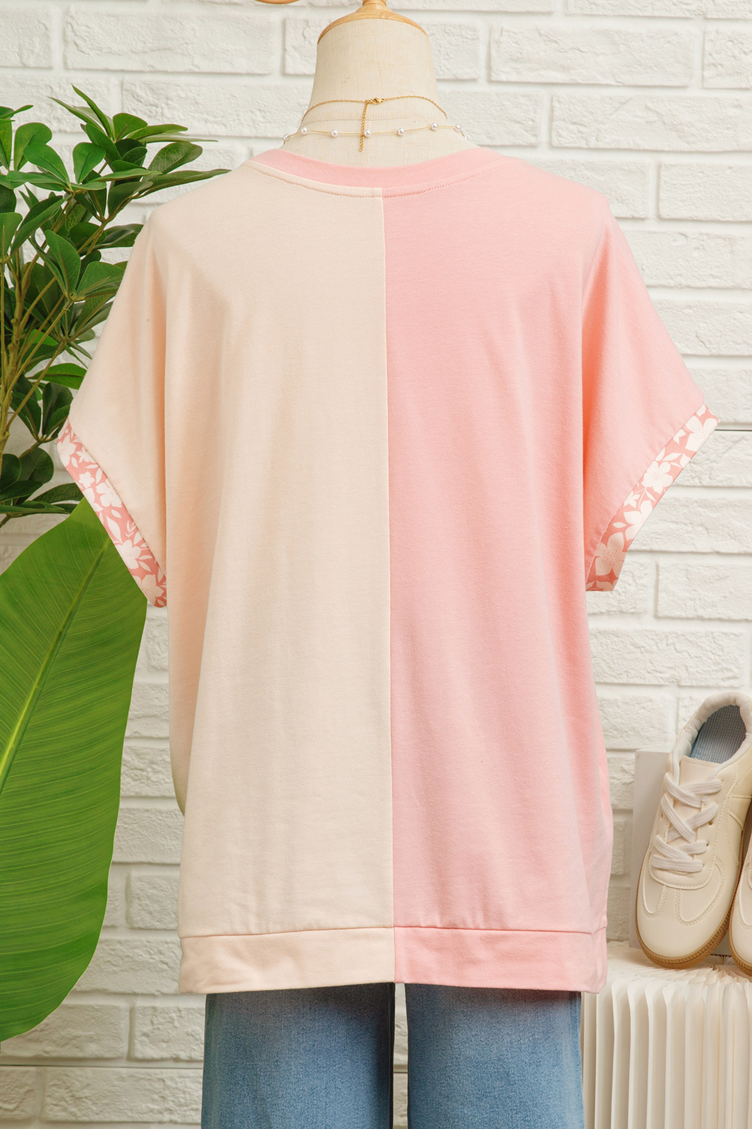 Apricot Color Block Flower Patched Loose T Shirt view 16