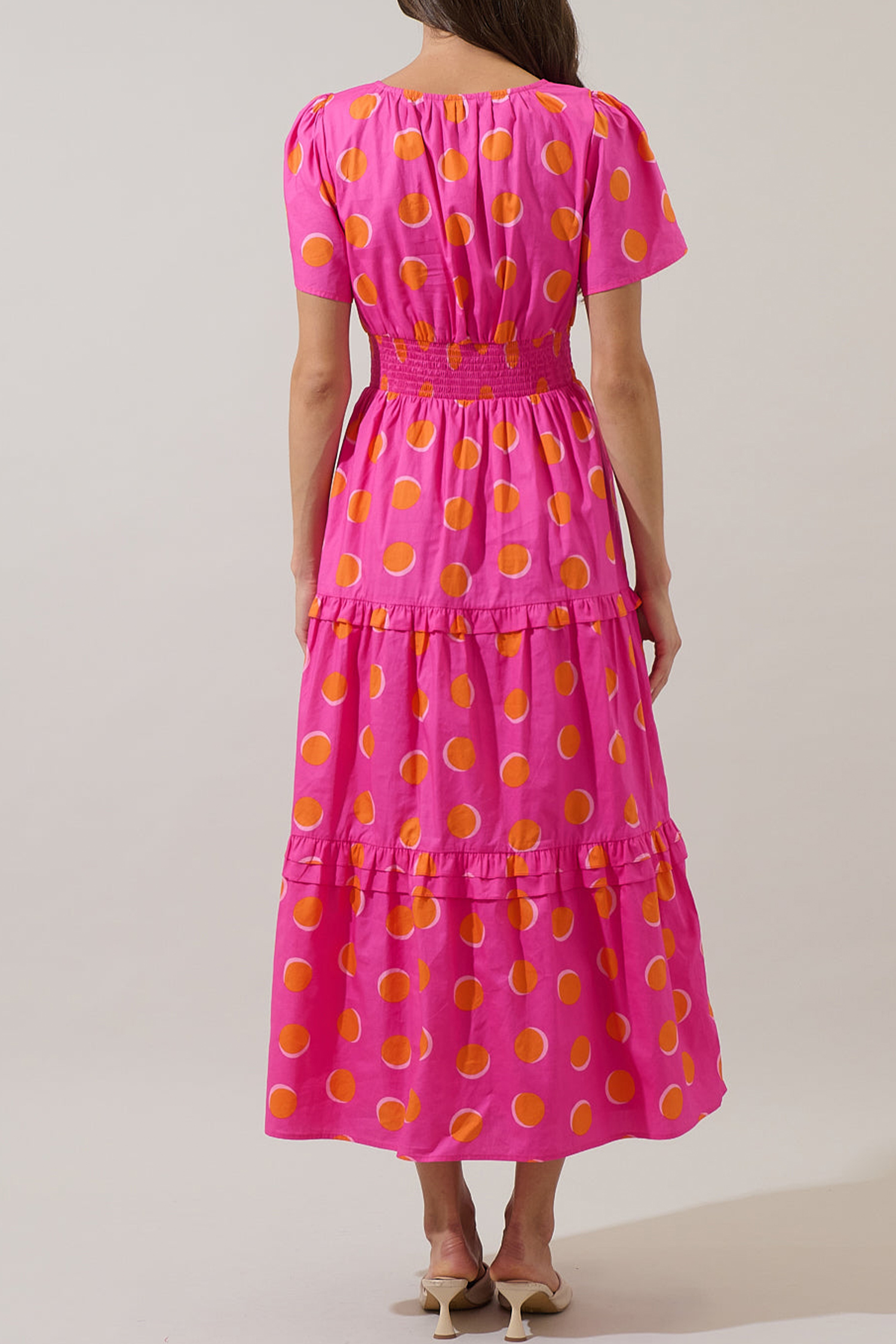 Rose Double Polka Dot Short Sleeve Shirred High Waist Midi Dress view 9