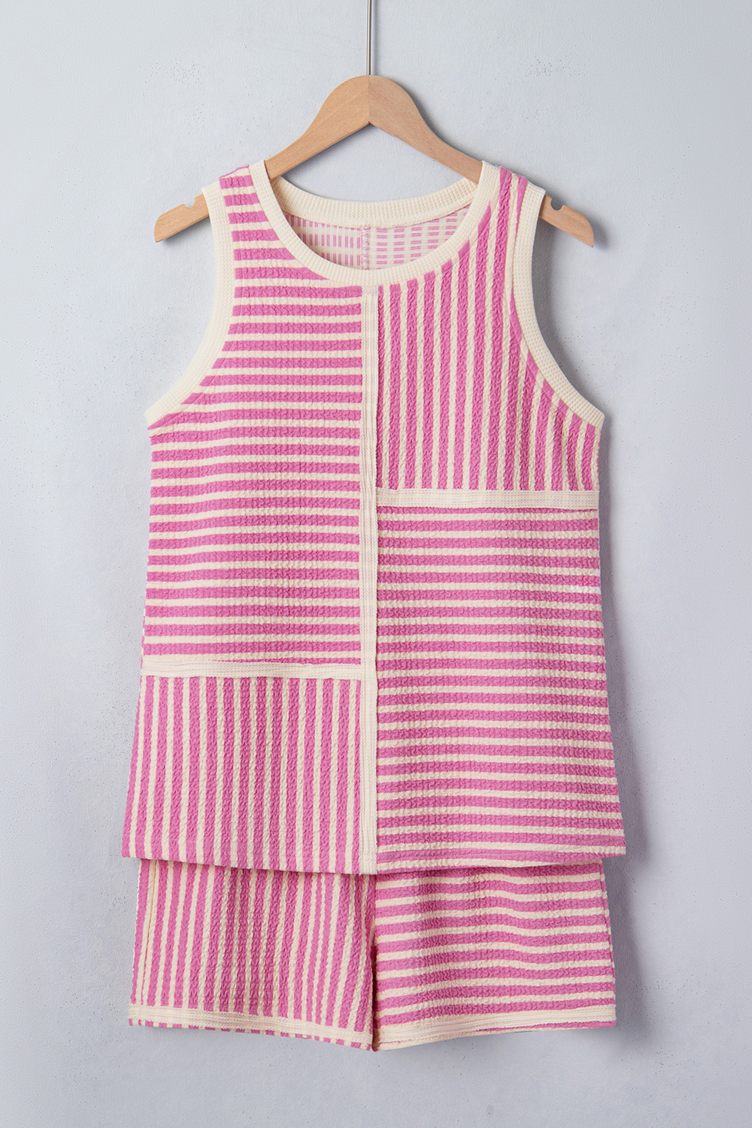 Pink Stripe Textured Contrast Trim Casual Tank and Shorts Set view 9