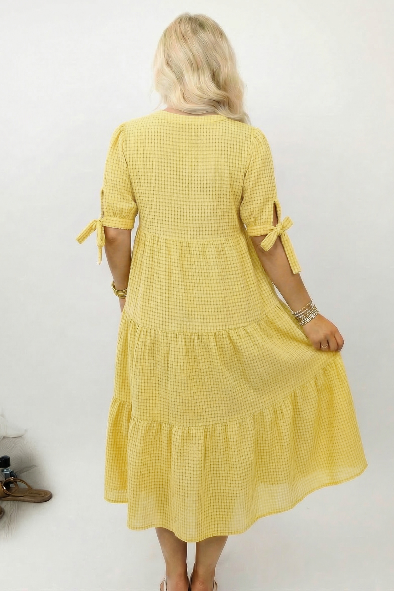 Yellow Gingham Textured Bow Tie Short Sleeve Tiered Midi Dress view 8