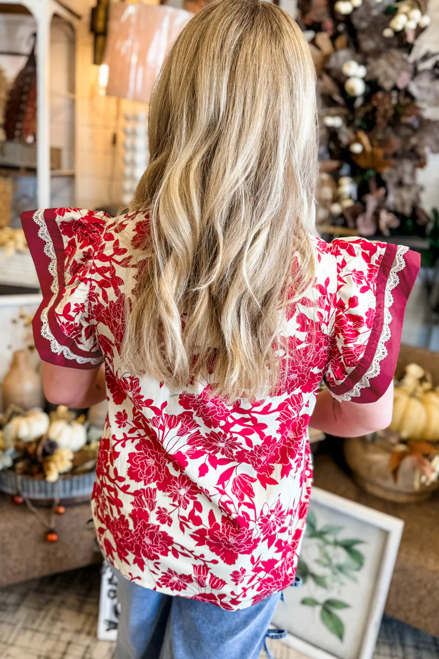 Red Floral Print Color Block Trim Lace Detail V Neck Flutter Sleeve Blouse view 10