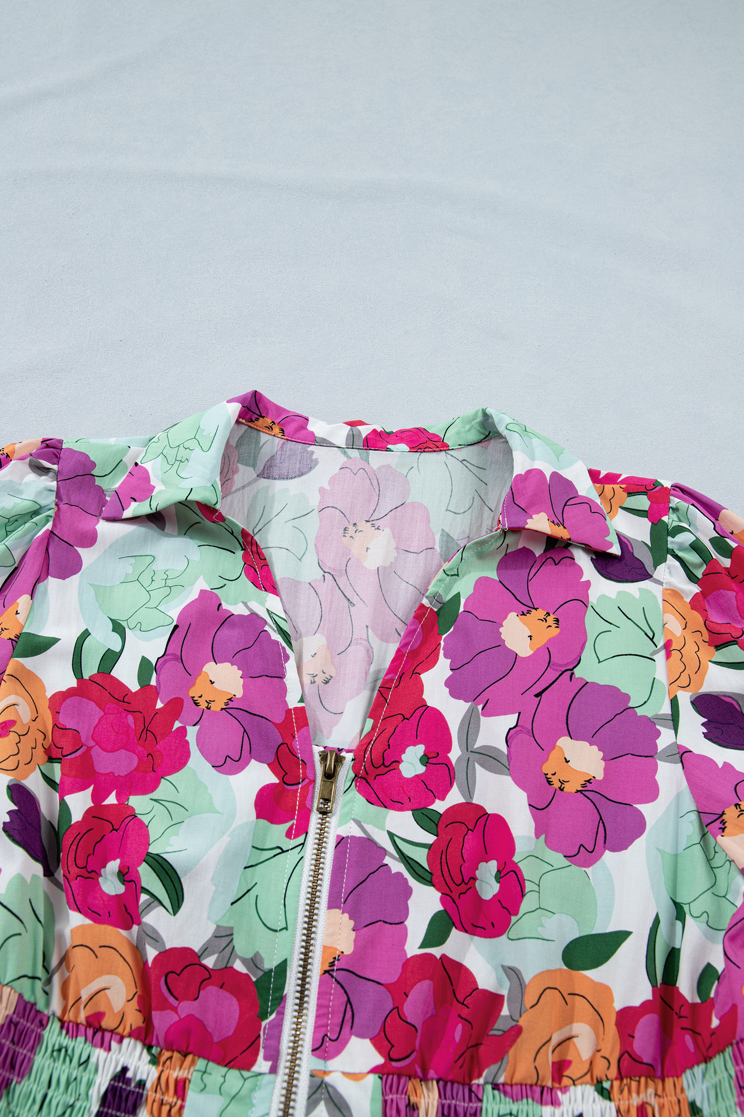 Rose Vibrant Floral Print V Neck Zip Up Puffy Half Sleeve Dress view 16