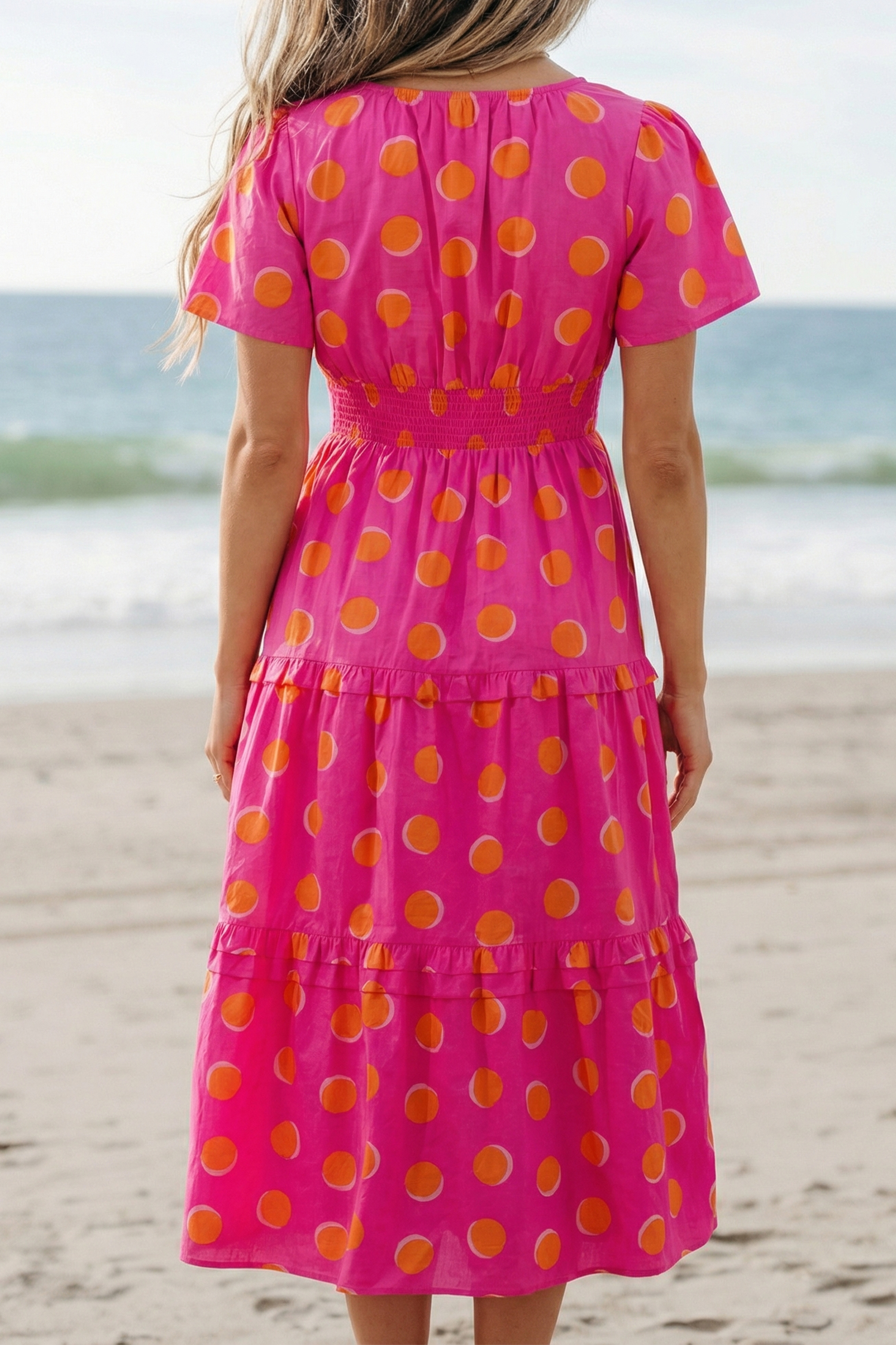 Rose Double Polka Dot Short Sleeve Shirred High Waist Midi Dress view 7