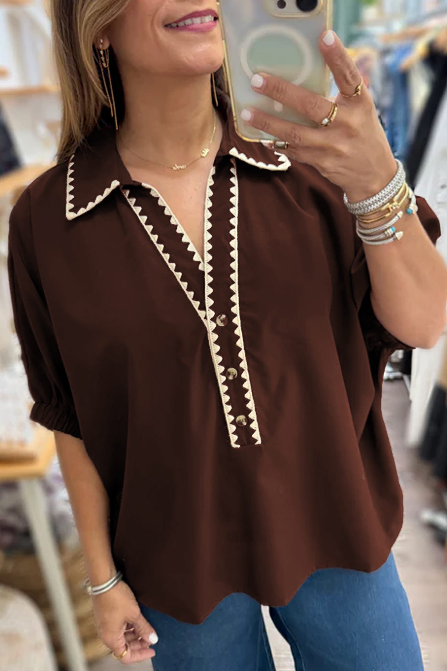 Coffee Shirt Collar Contrast Trim Button V Neck Short Sleeve Blouse view 3