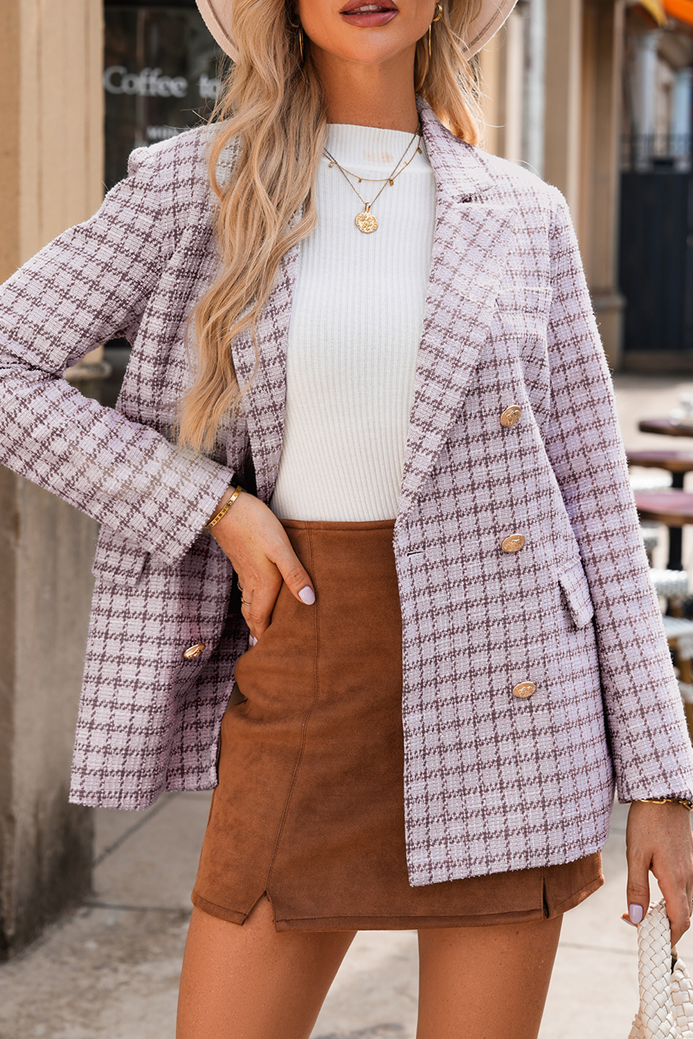 Burgundy Elegant Tweed Plaid Blazer view 5