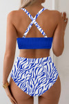 Dark Blue Shell Stitched Trim V Neck Textured Mix and Match High Waist Bikinis