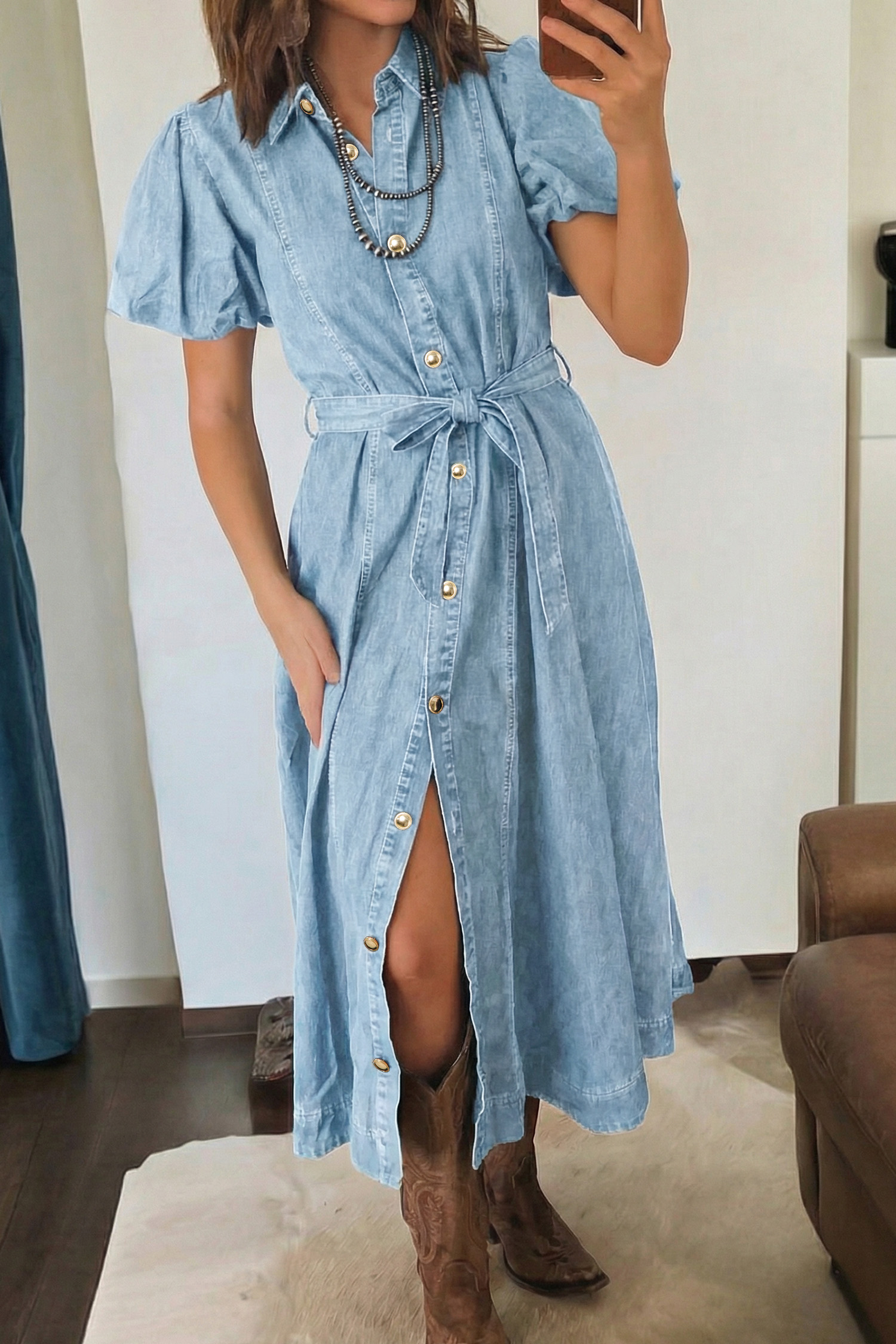 Beau Blue Full Buttons Collared Short Bubble Sleeve Long Denim Dress view 10