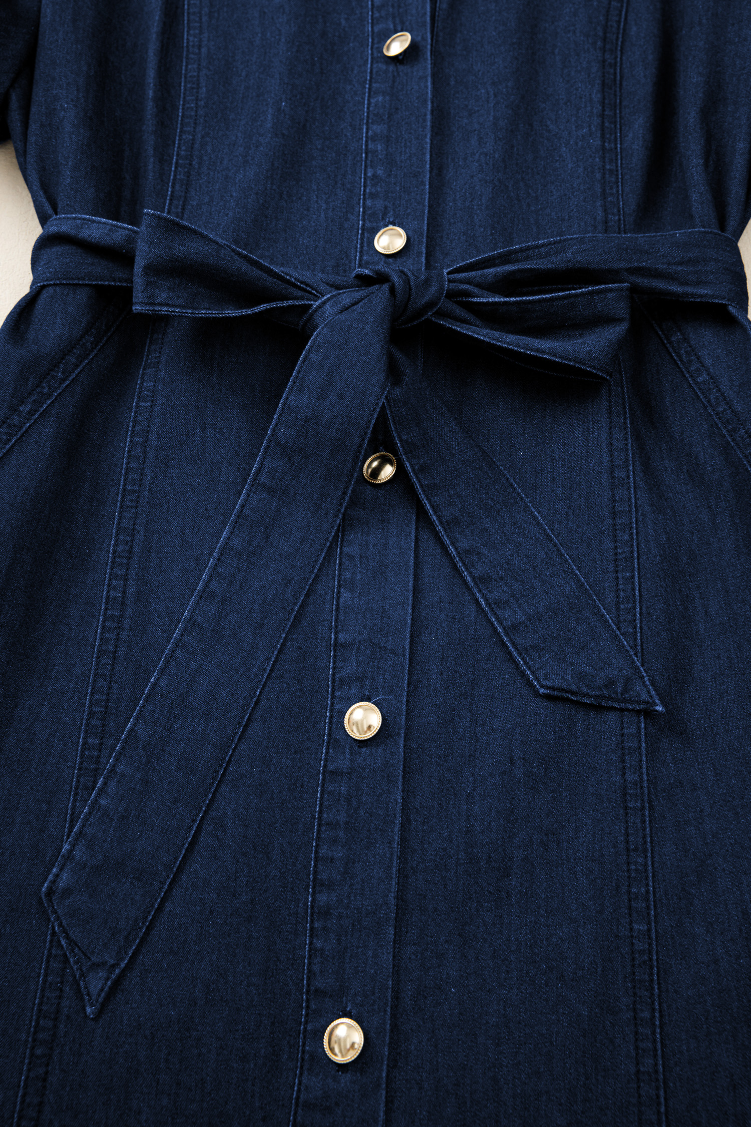 Sail Blue Full Buttons Collared Short Bubble Sleeve Long Denim Dress view 11