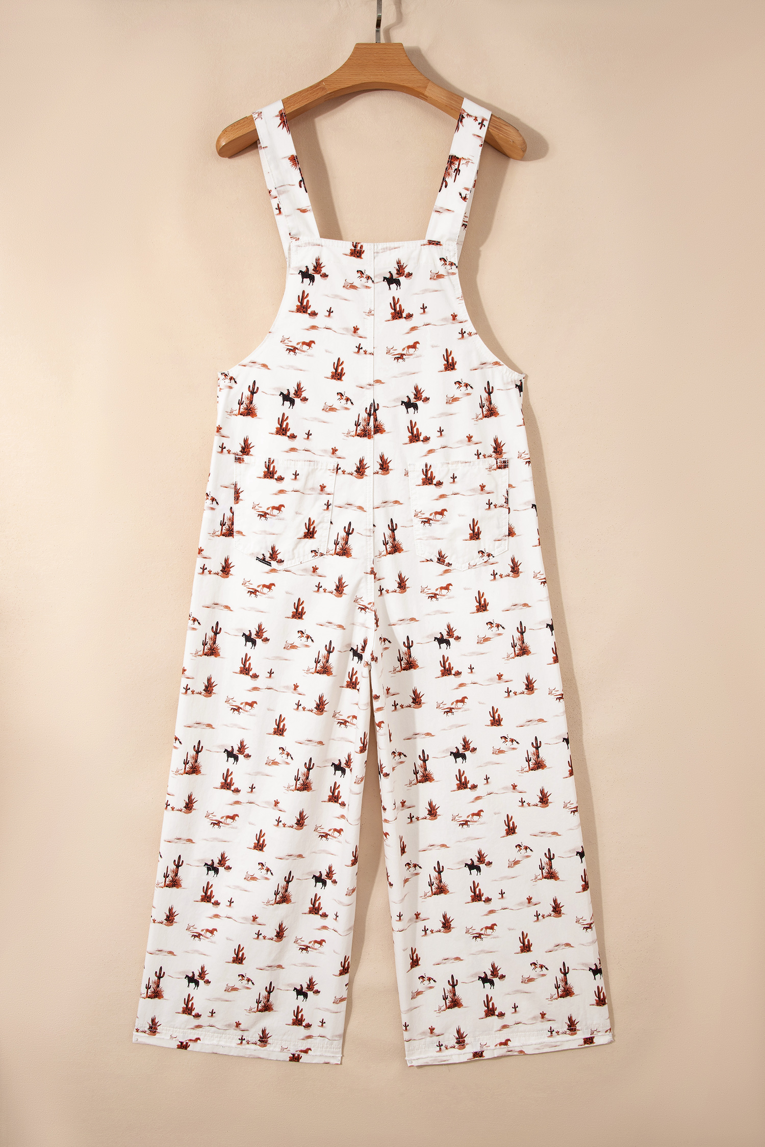 Beige Western Printed Button Adjustable Straps Loose Jumpsuit Dungarees view 12