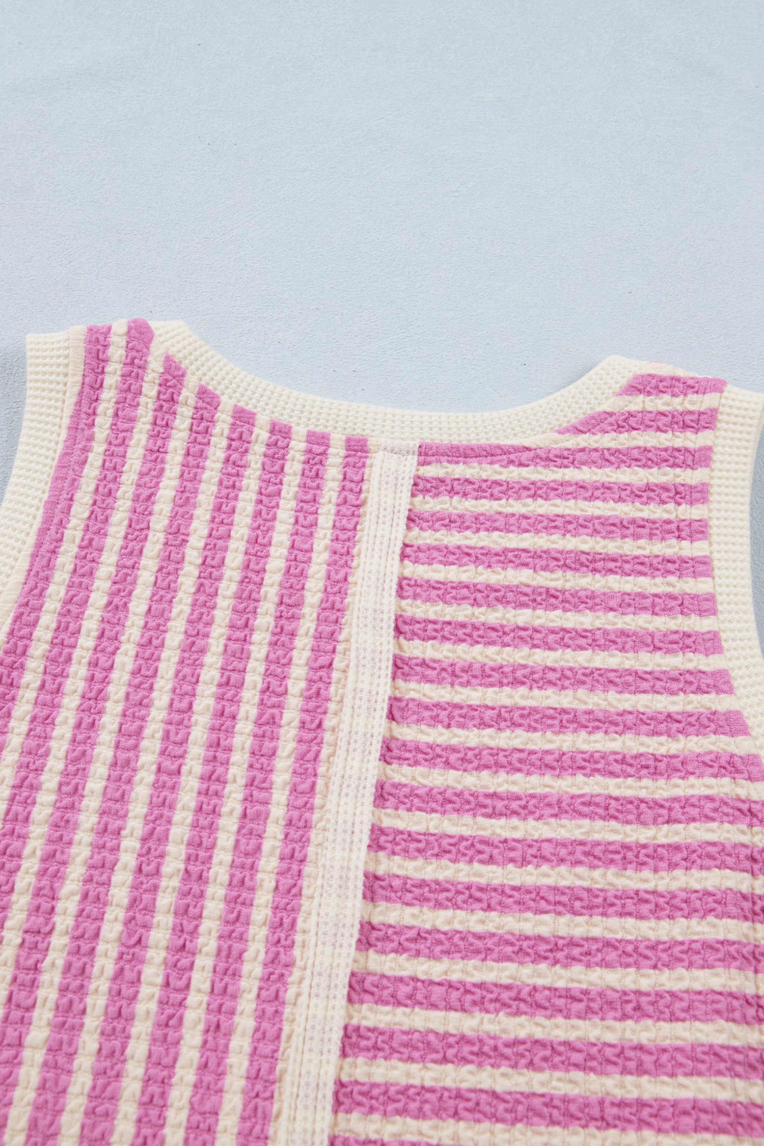 Pink Stripe Textured Contrast Trim Casual Tank and Shorts Set view 14