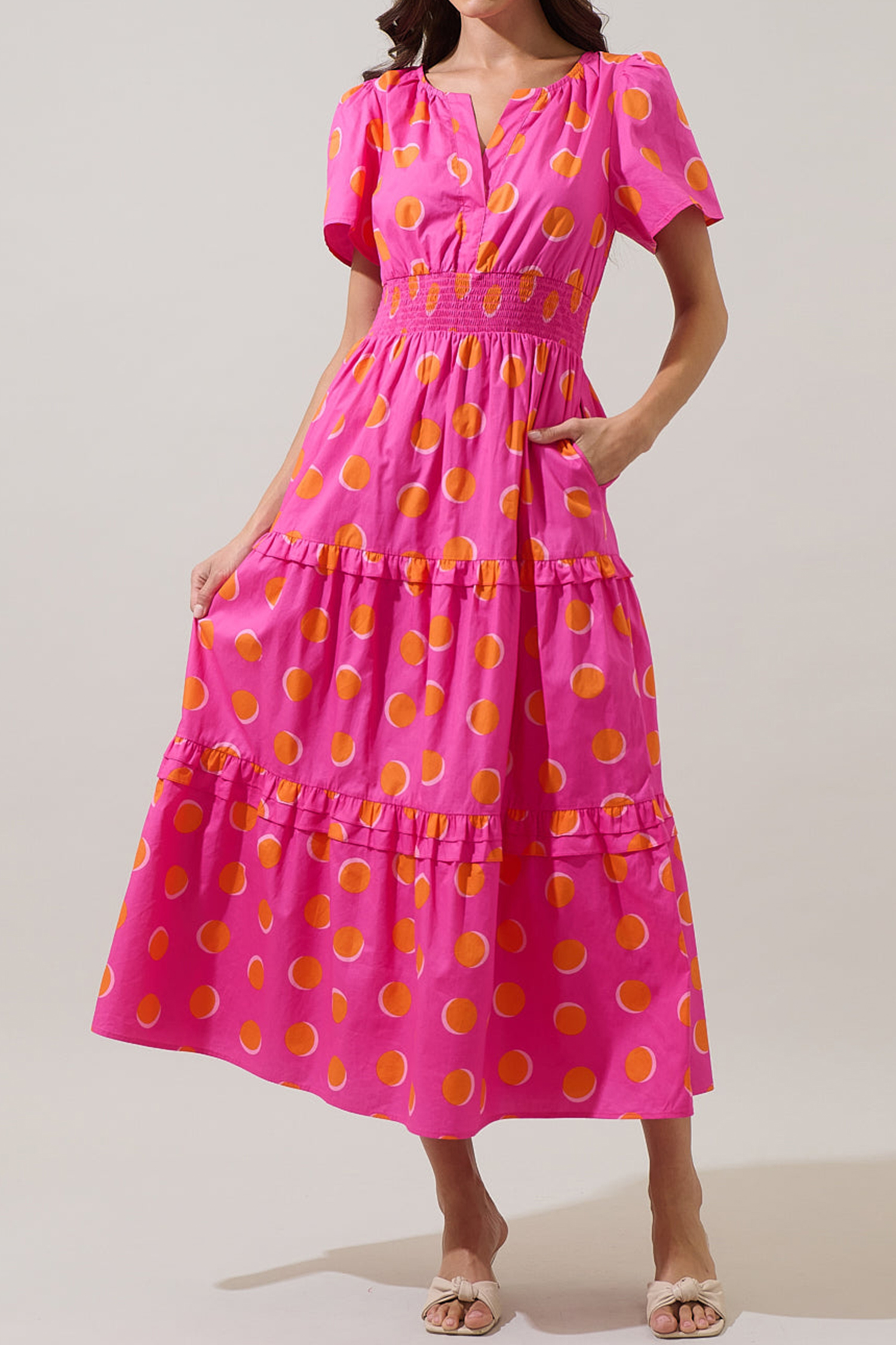 Rose Double Polka Dot Short Sleeve Shirred High Waist Midi Dress view 8