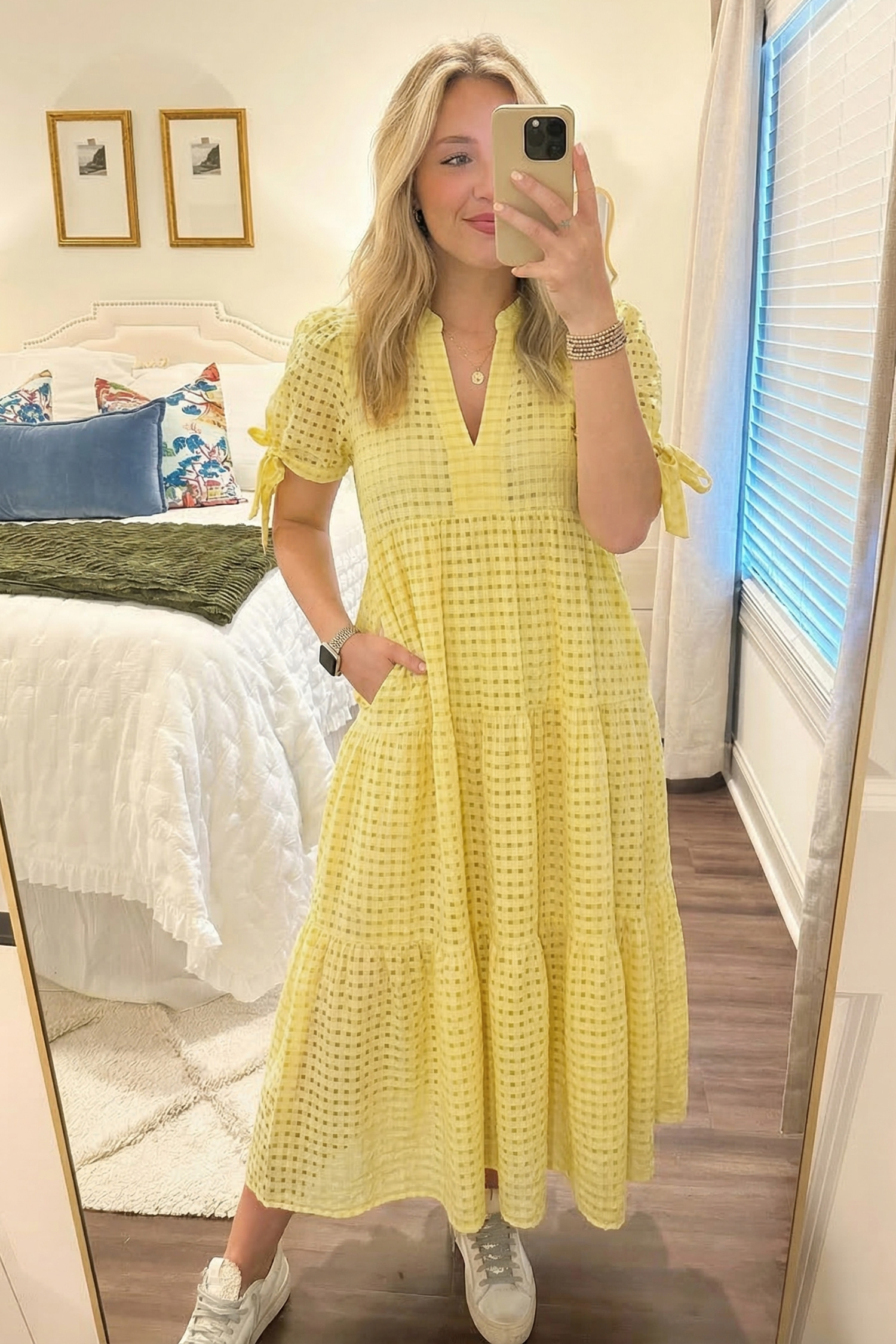 Yellow Gingham Textured Bow Tie Short Sleeve Tiered Midi Dress view 9
