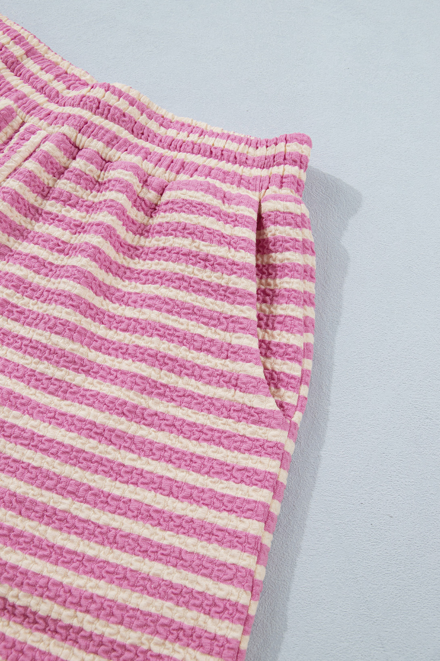 Pink Stripe Textured Contrast Trim Casual Tank and Shorts Set view 18