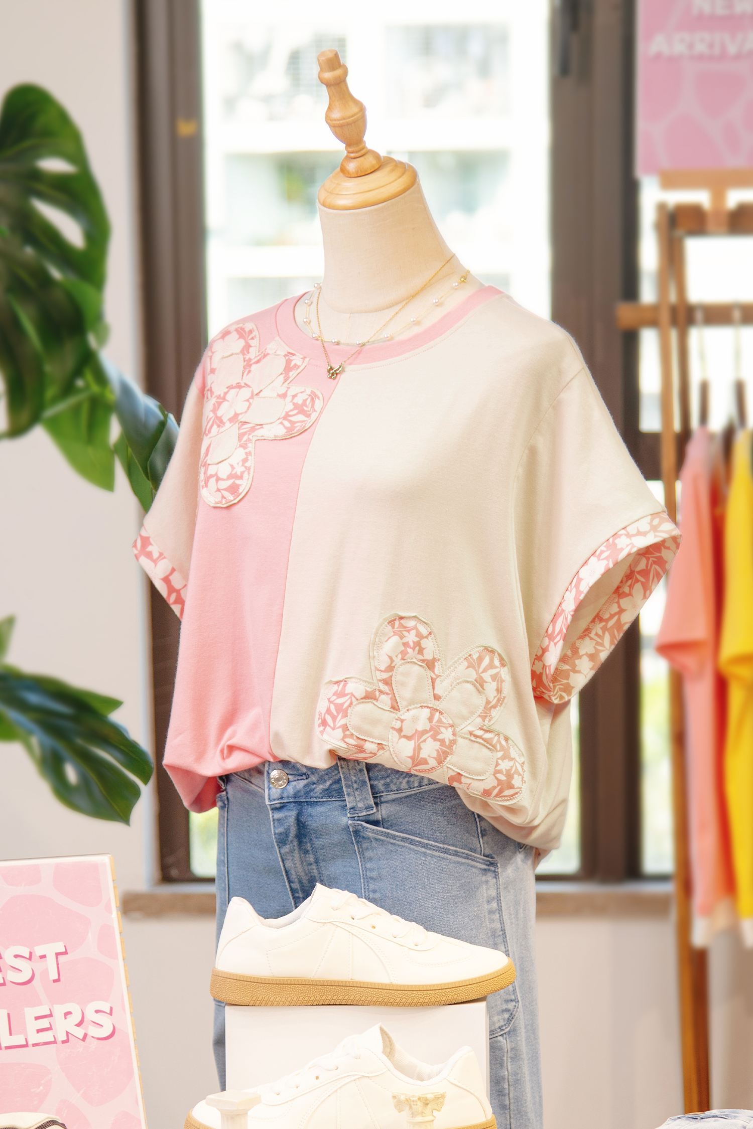 Apricot Color Block Flower Patched Loose T Shirt view 7