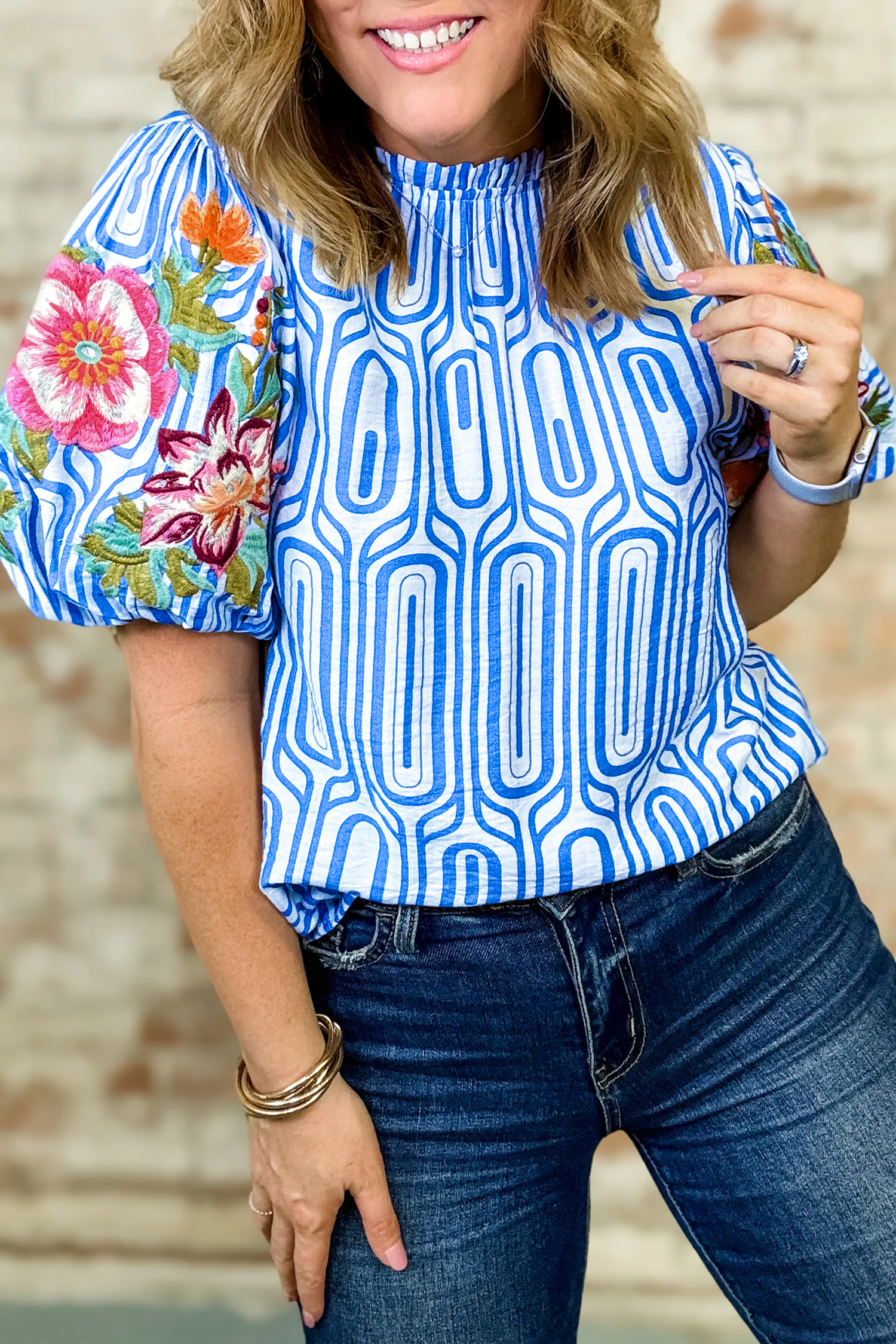 Sky Blue Unique Geometry Print Floral Embroidered Puff Sleeve Blouse view 9