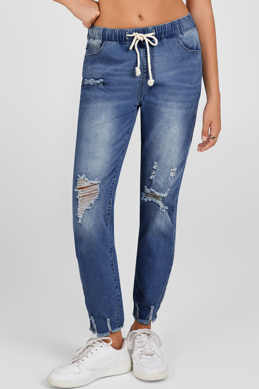 Dark Blue Elastic Waist Straight Leg Destroyed Raw Hem Jeans view 8