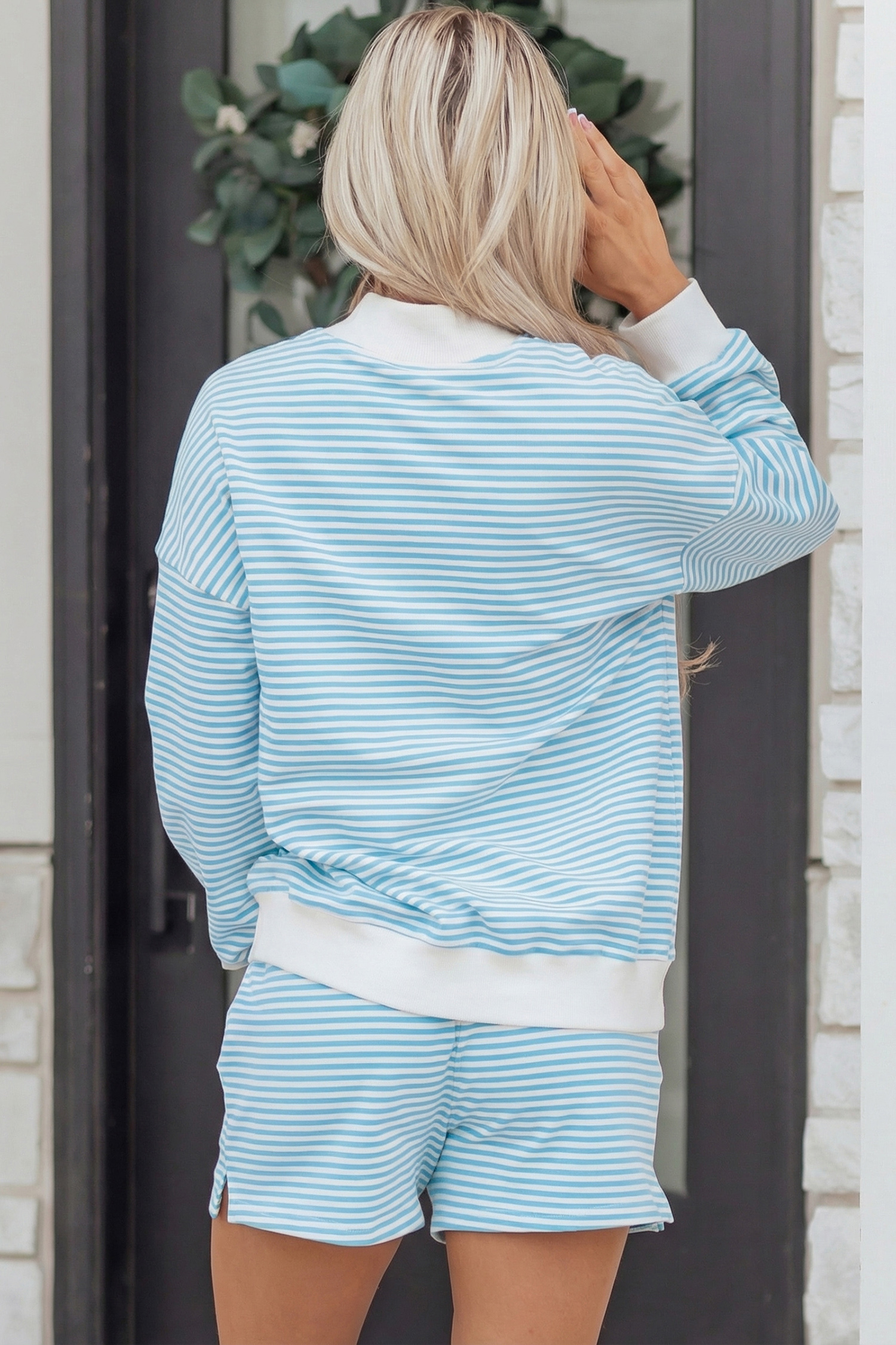 Sky Blue Stripe Oversize Mock Neck Sweatshirt and Shorts Set view 2