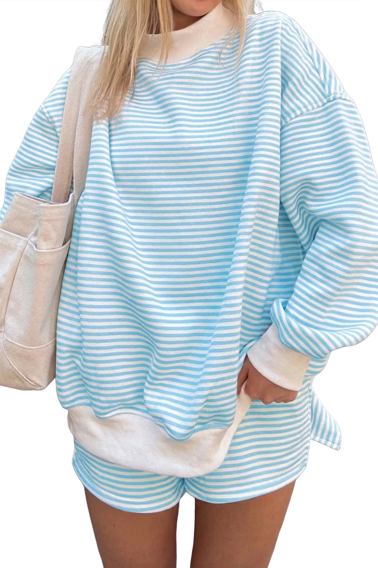 Sky Blue Stripe Oversize Mock Neck Sweatshirt and Shorts Set view 20