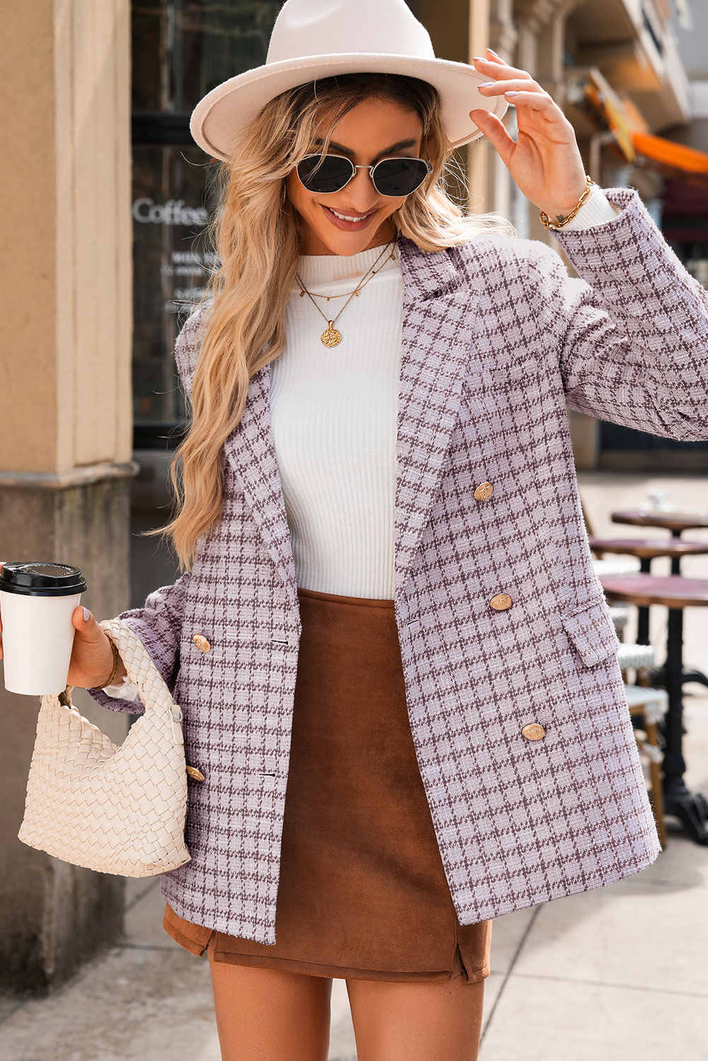 Burgundy Elegant Tweed Plaid Blazer view 6