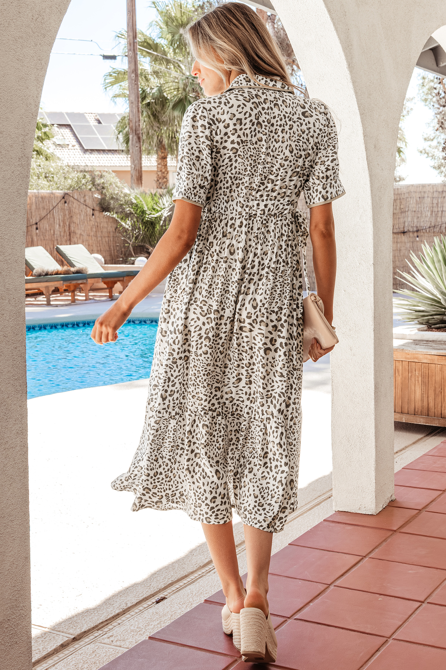 White Leopard Contrast Trim Button Front Short Puff Sleeve Long Dress view 2