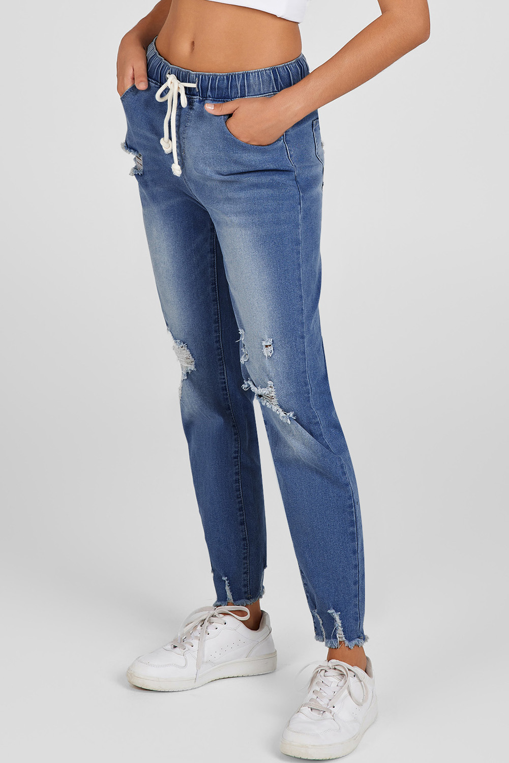 Dark Blue Elastic Waist Straight Leg Destroyed Raw Hem Jeans view 6
