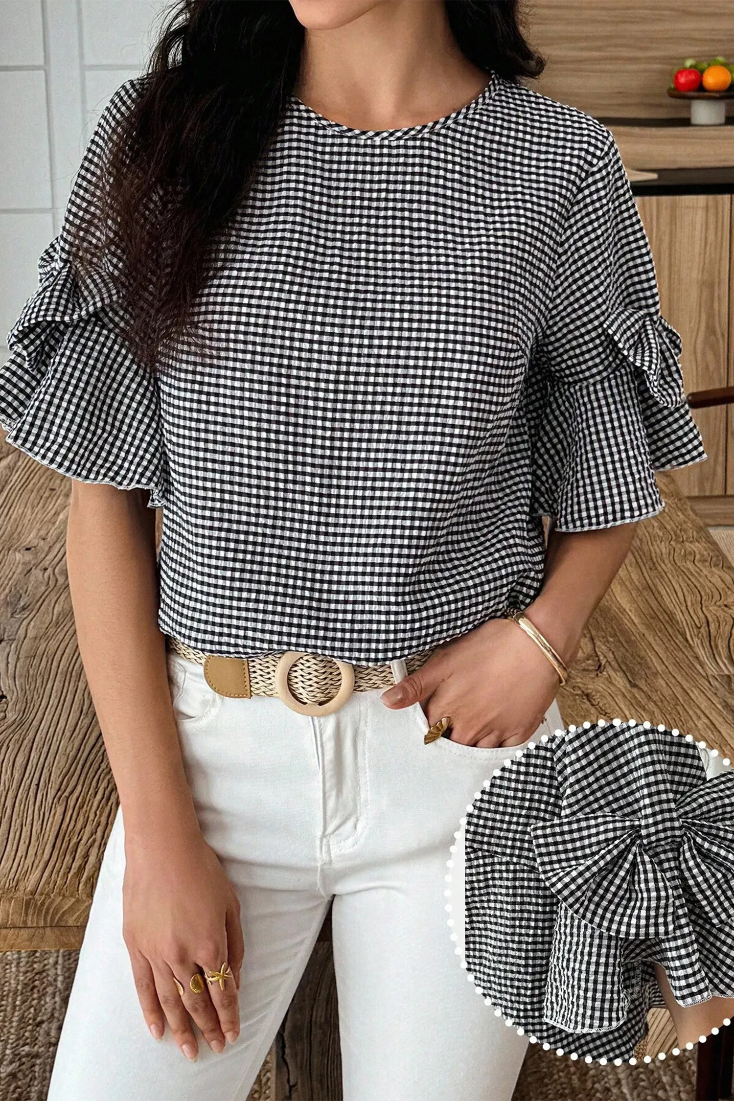 Black Plaid Bow Ruffled Half Sleeve Round Neck Blouse view 13