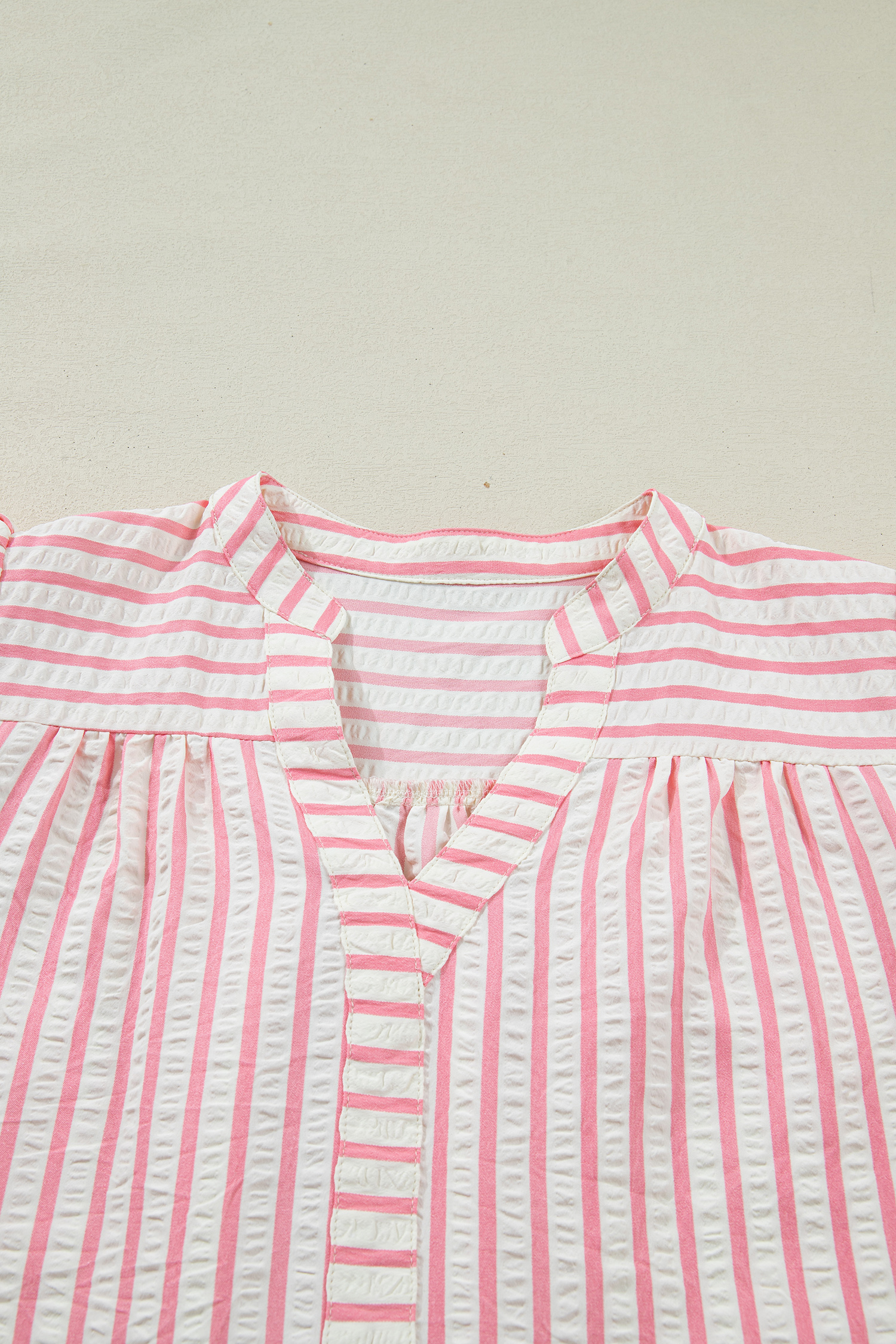 Pink Stripe Print Floral Embroidered Puff Sleeve V Neck Blouse view 16