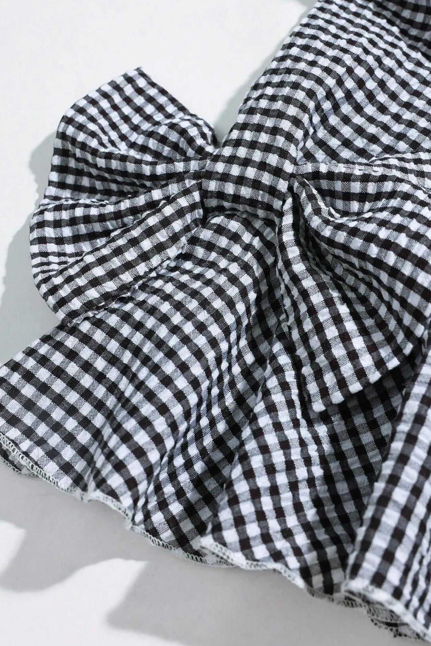 Black Plaid Bow Ruffled Half Sleeve Round Neck Blouse view 16