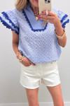 Beau Blue Eyelet Embroidered Flower Texture Contrast Lace Trim Flutter Sleeve Blouse