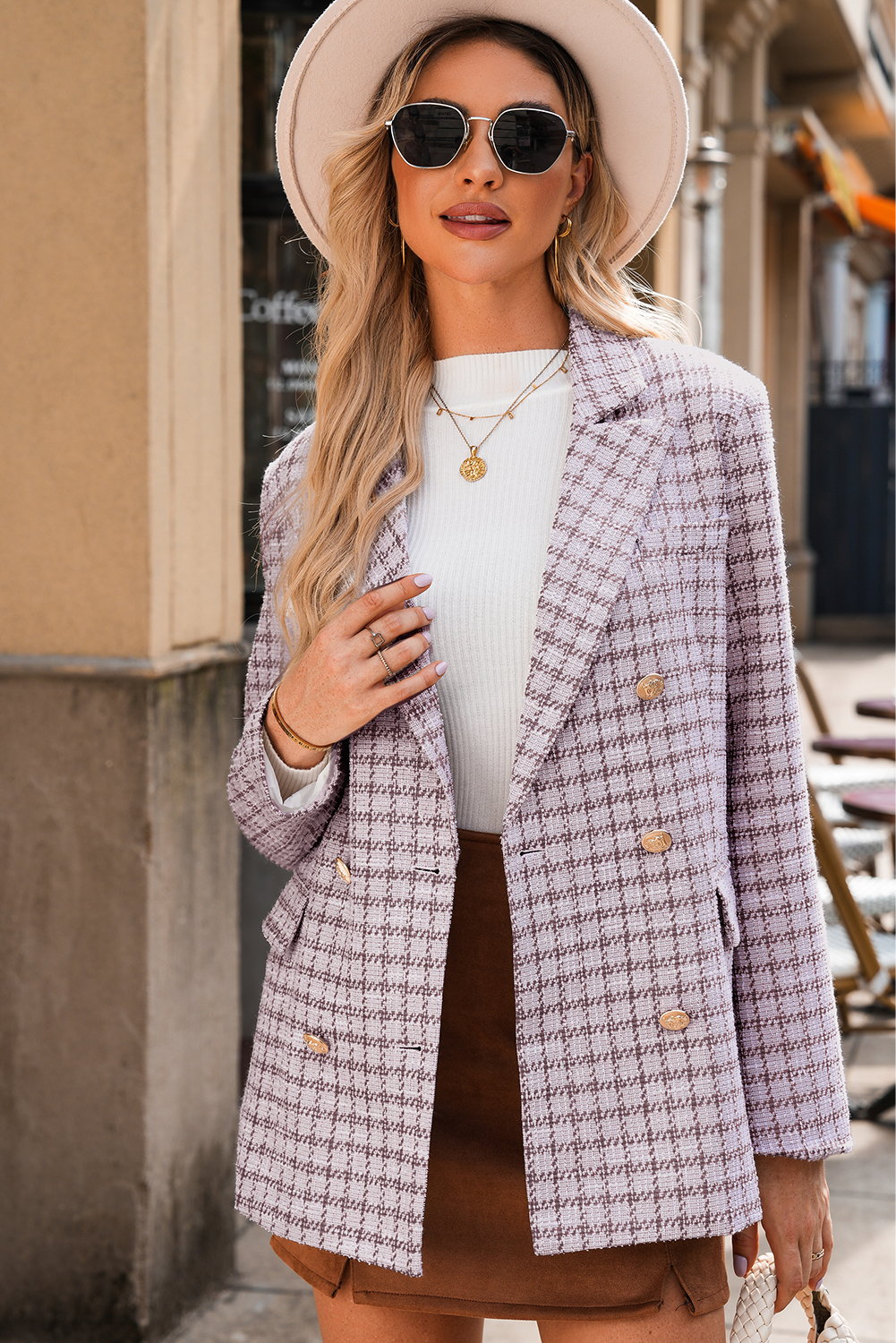 Burgundy Elegant Tweed Plaid Blazer view 7