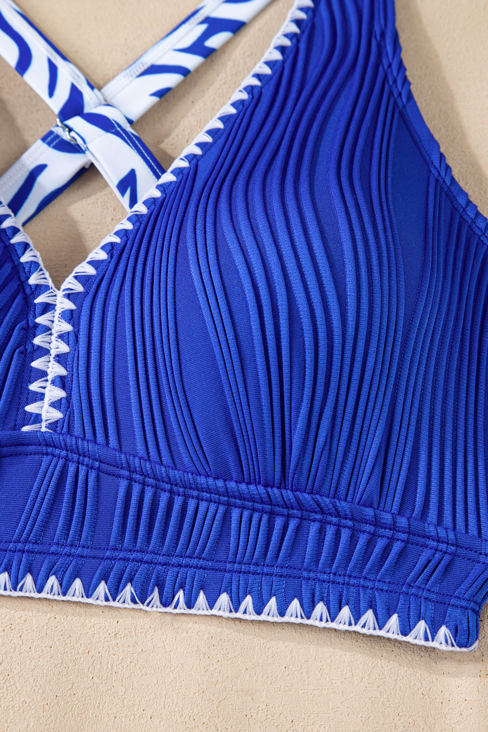Dark Blue Shell Stitched Trim V Neck Textured Mix and Match High Waist Bikinis