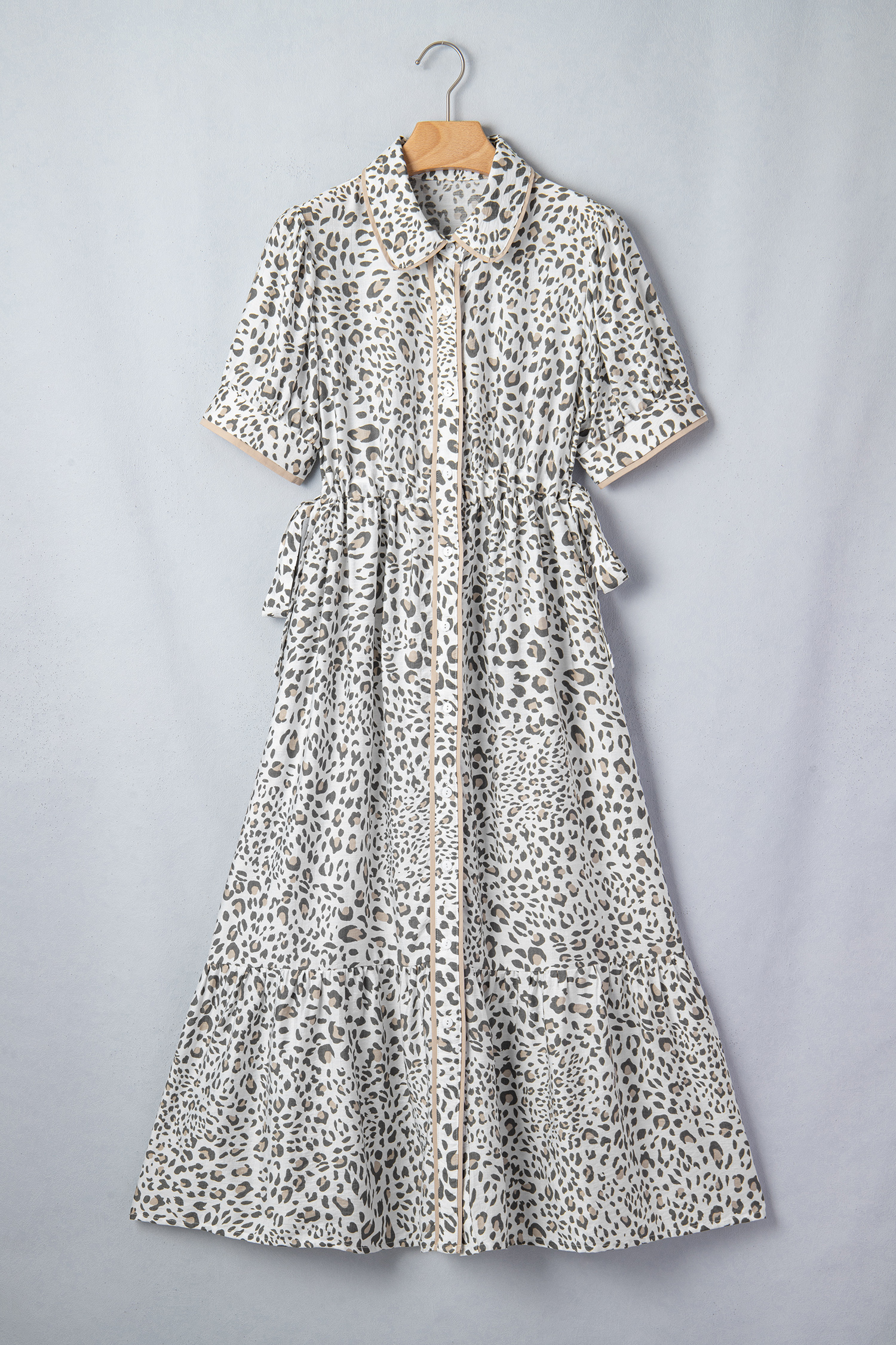 White Leopard Contrast Trim Button Front Short Puff Sleeve Long Dress view 14