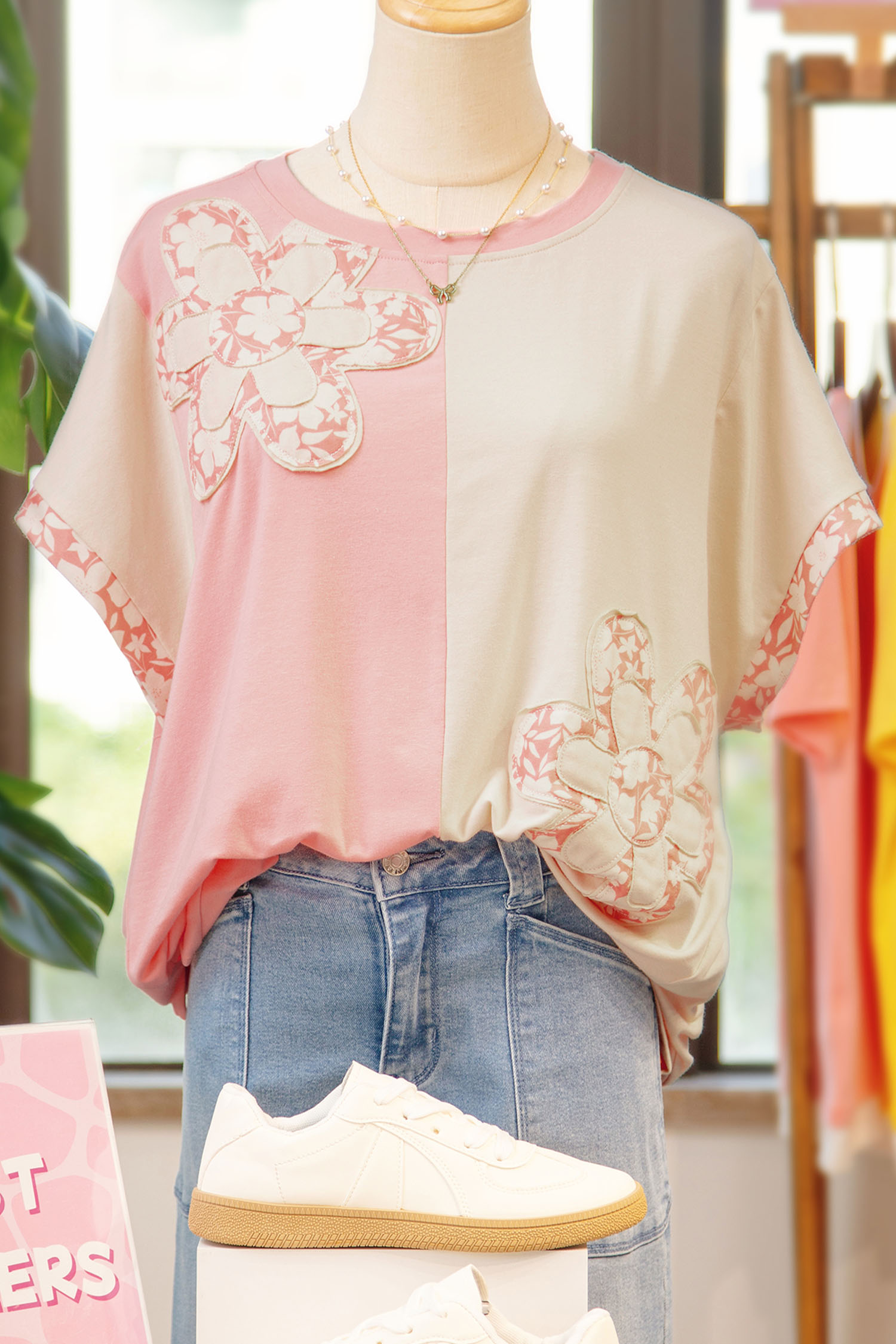 Apricot Color Block Flower Patched Loose T Shirt view 4