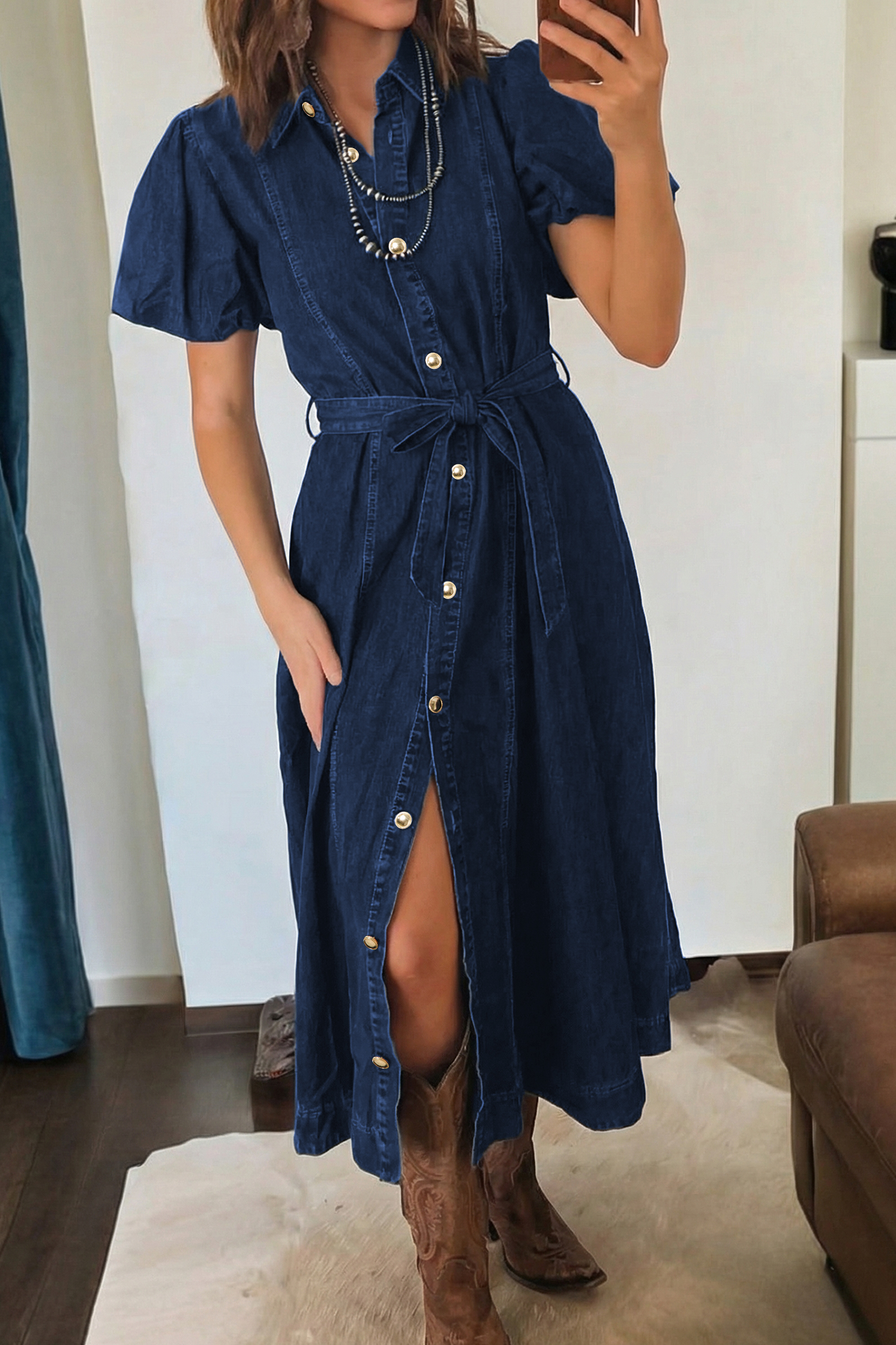 Sail Blue Full Buttons Collared Short Bubble Sleeve Long Denim Dress view 2