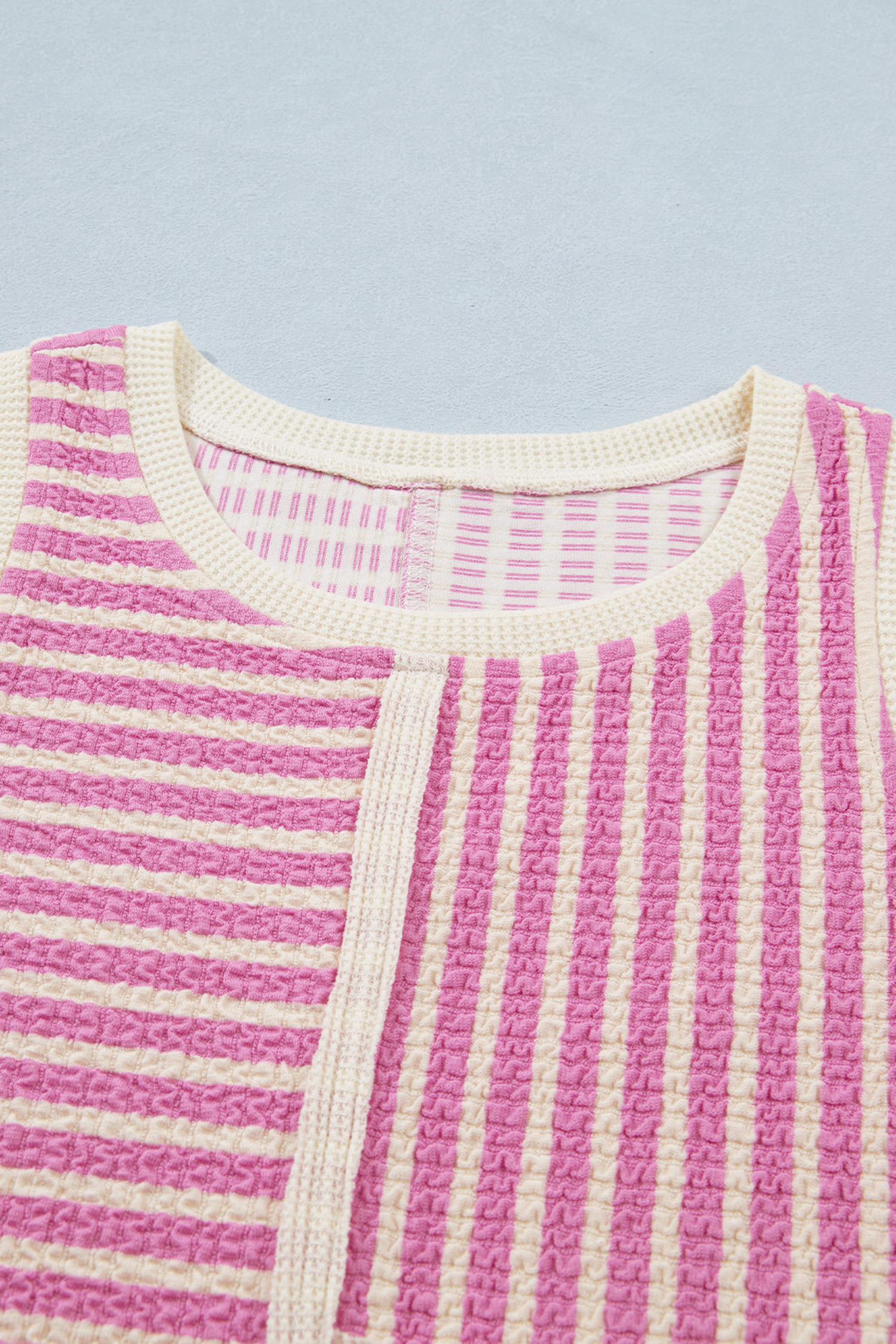 Pink Stripe Textured Contrast Trim Casual Tank and Shorts Set view 11