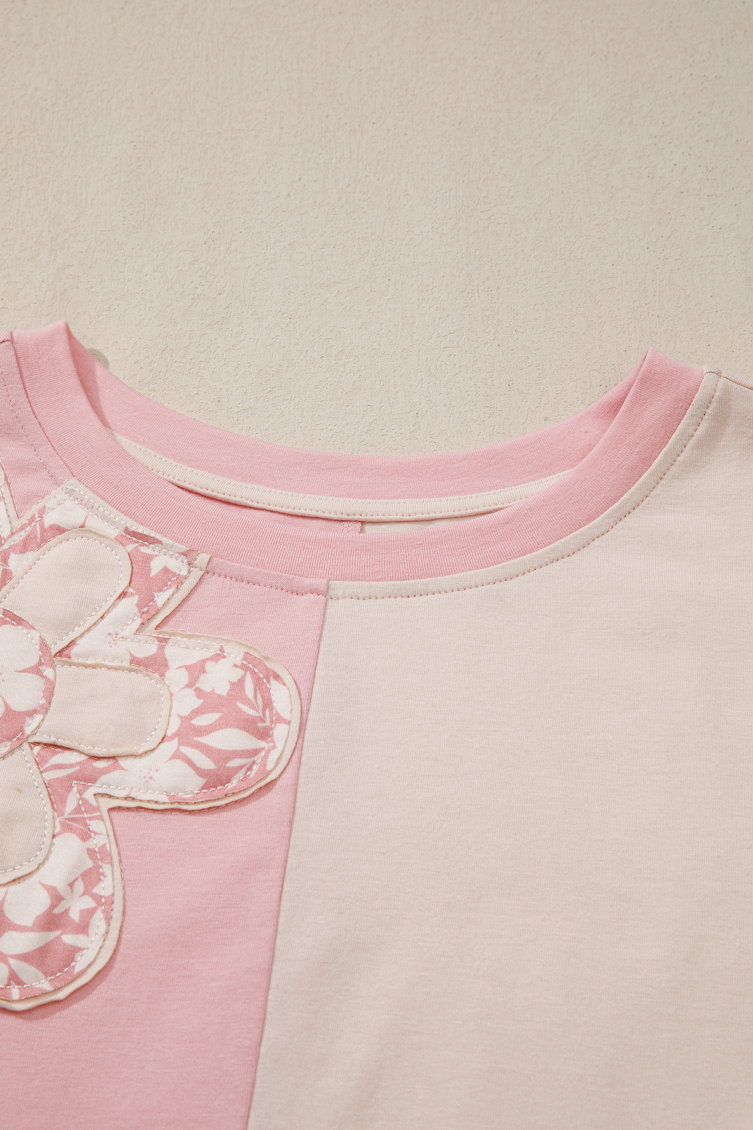 Apricot Color Block Flower Patched Loose T Shirt view 11