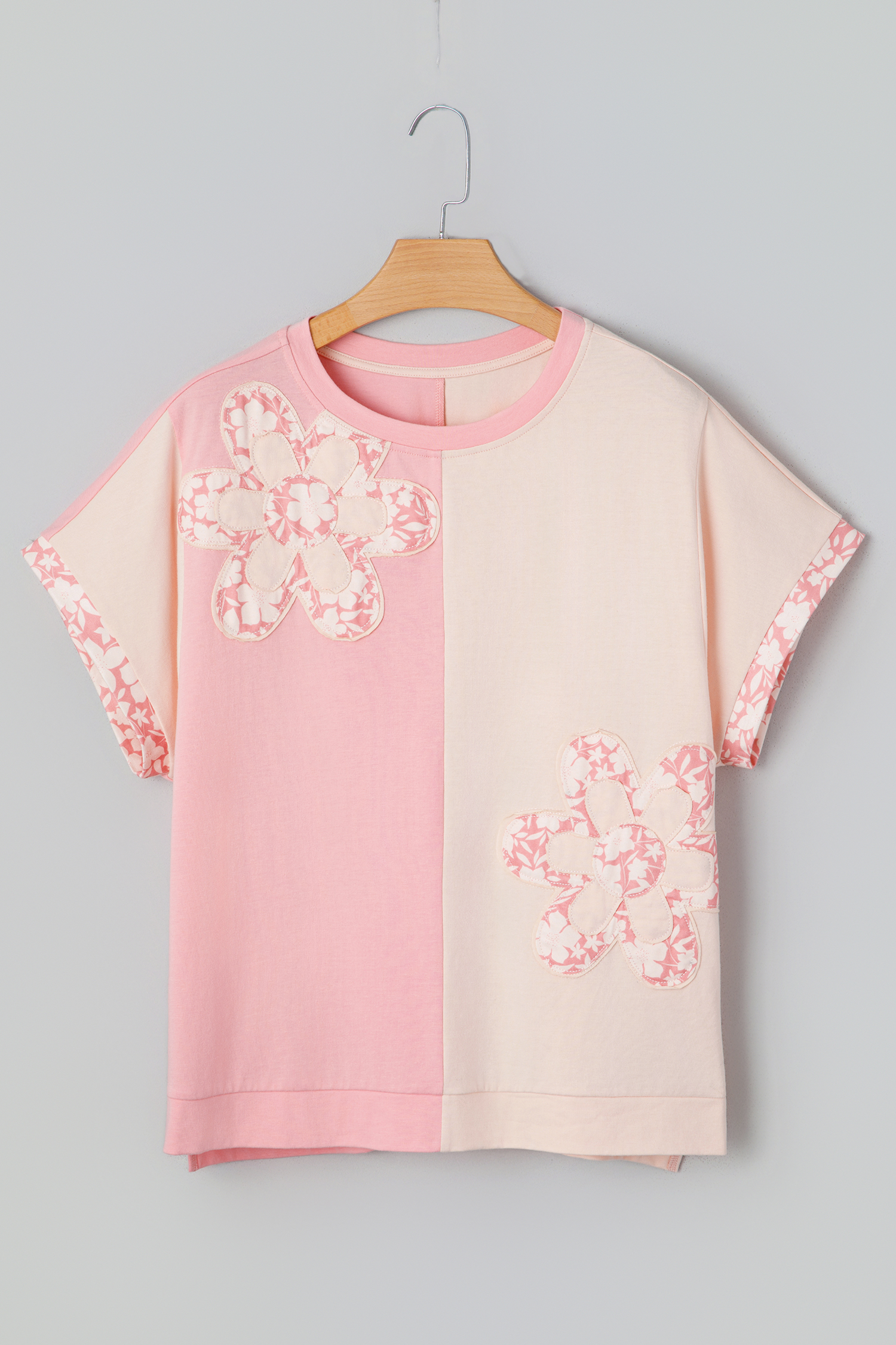 Apricot Color Block Flower Patched Loose T Shirt view 9