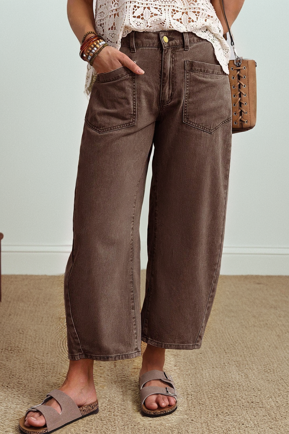 Coffee Solid Color Square Patch Pocket Ankle-length Barrel Jeans view 5
