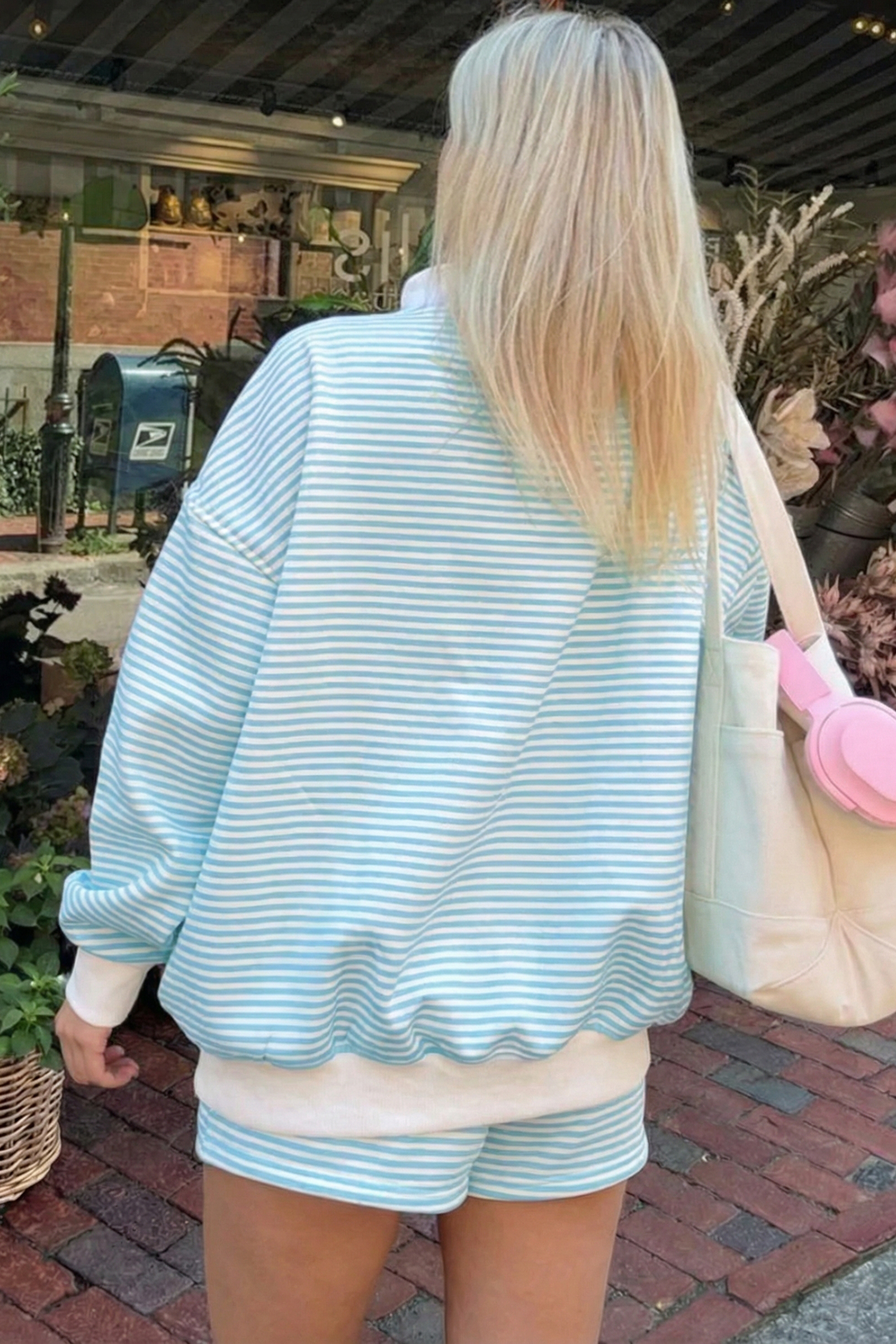Sky Blue Stripe Oversize Mock Neck Sweatshirt and Shorts Set view 7