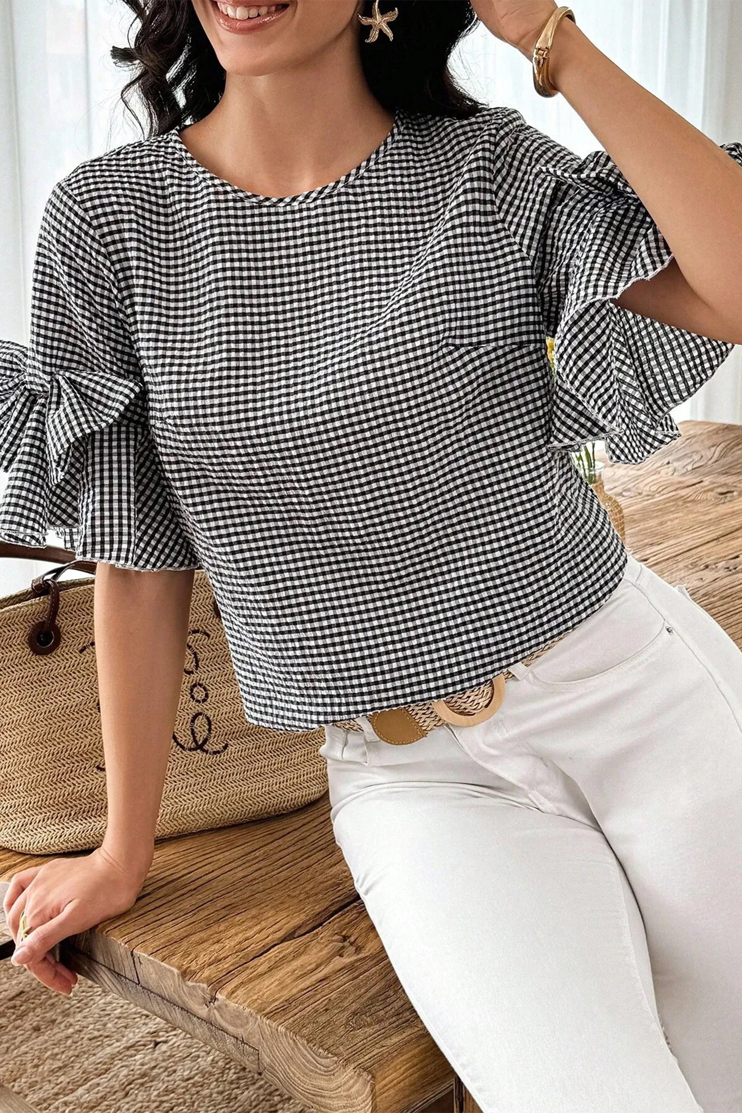 Black Plaid Bow Ruffled Half Sleeve Round Neck Blouse view 15