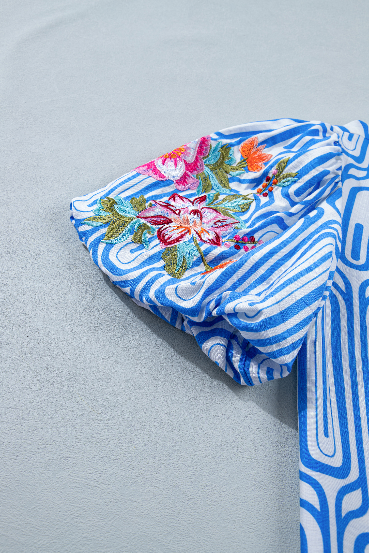 Sky Blue Unique Geometry Print Floral Embroidered Puff Sleeve Blouse view 21