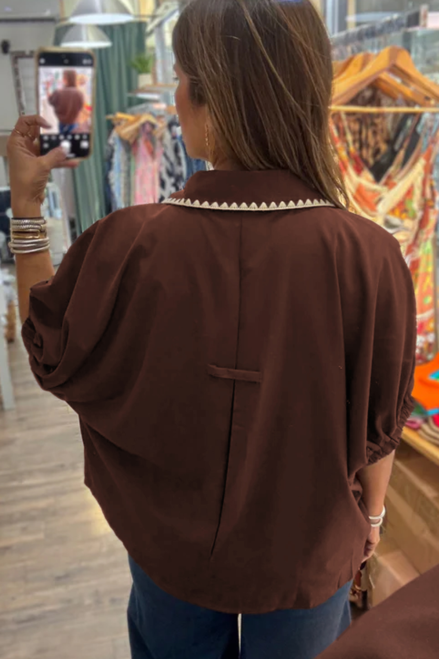 Coffee Shirt Collar Contrast Trim Button V Neck Short Sleeve Blouse view 2
