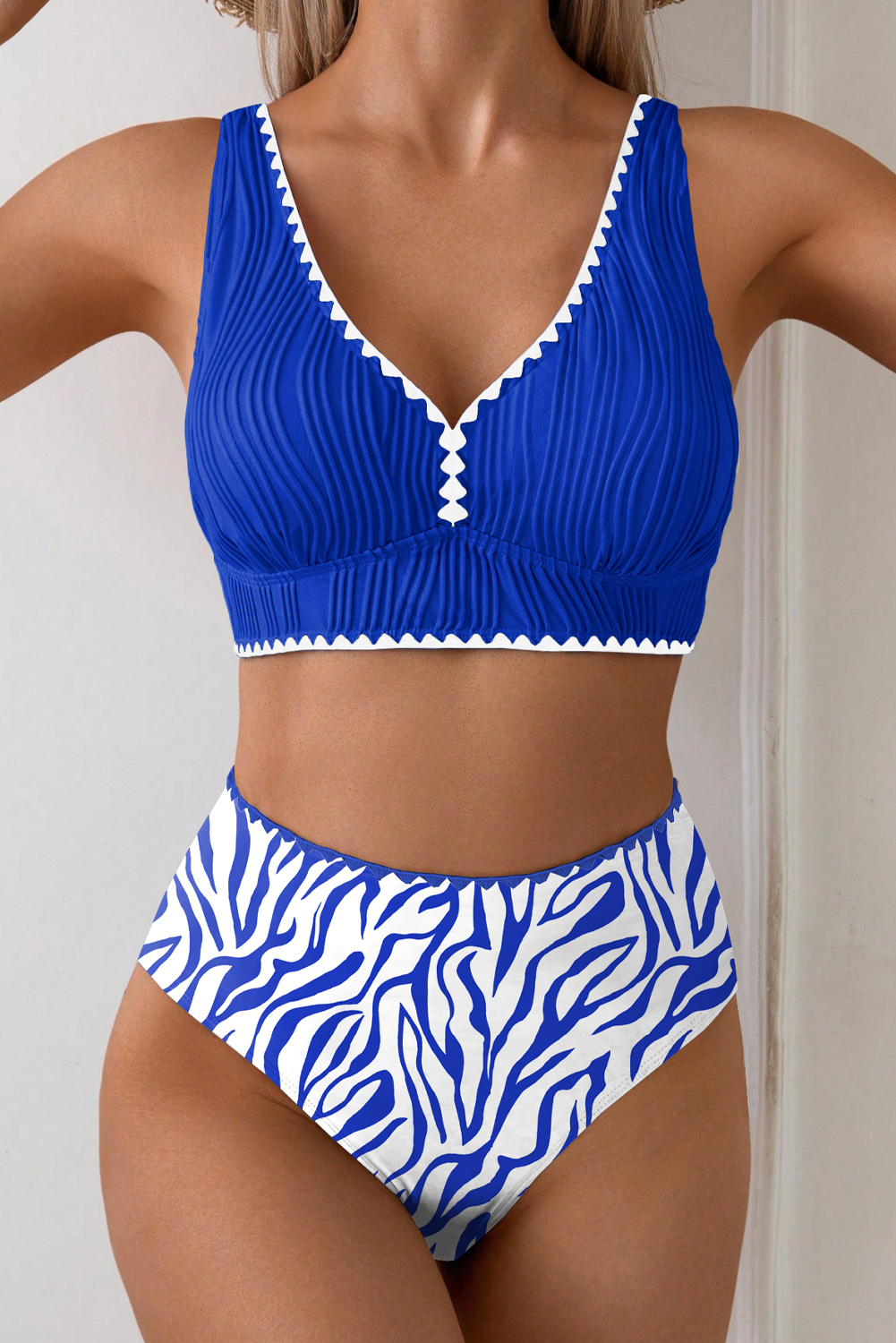 Dark Blue Shell Stitched Trim V Neck Textured Mix and Match High Waist Bikinis view 7